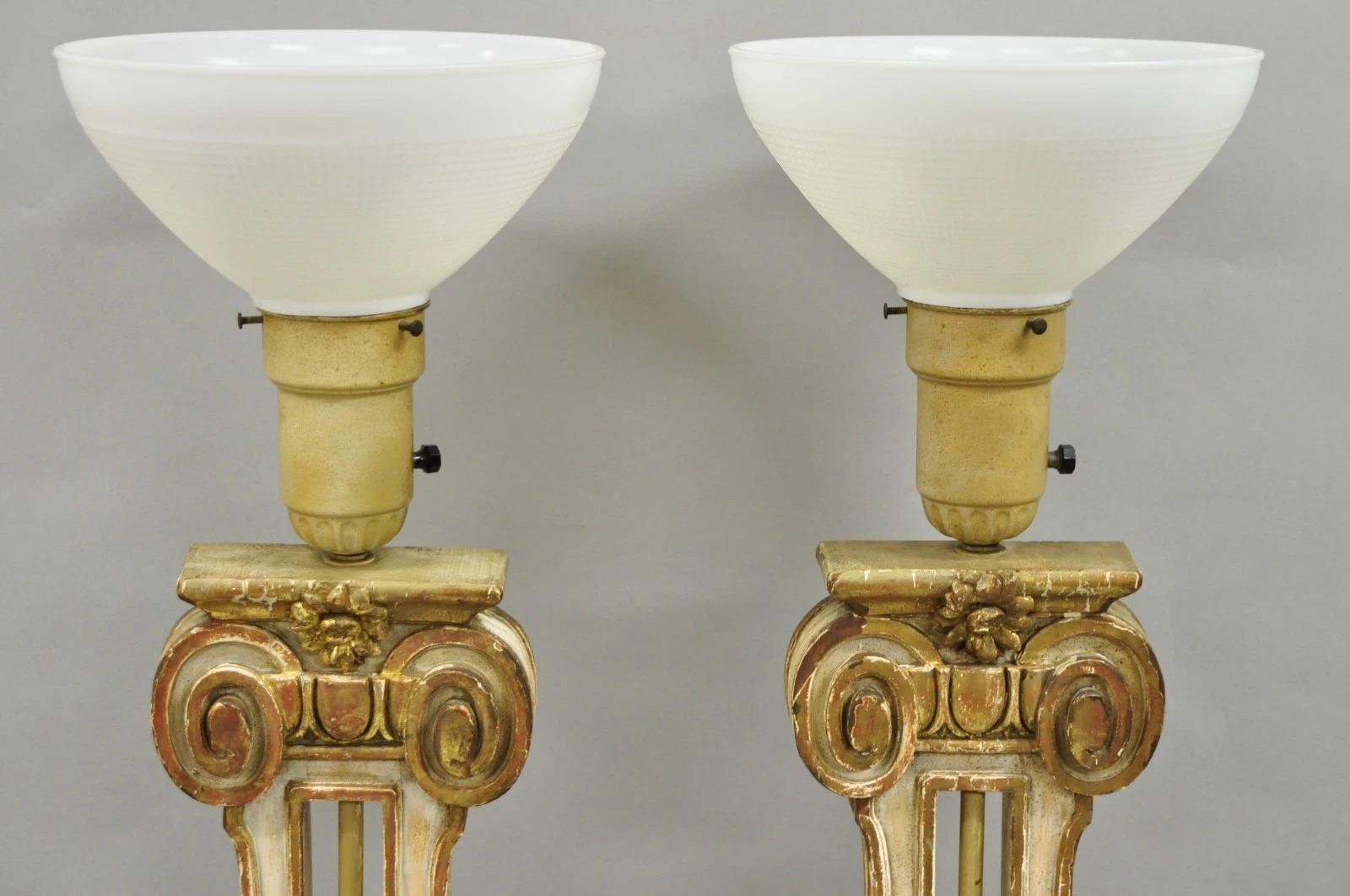 Italian Neoclassical Cream & Gold Gilt Carved Wood Harp Column Table Lamp - Pair For Sale 3