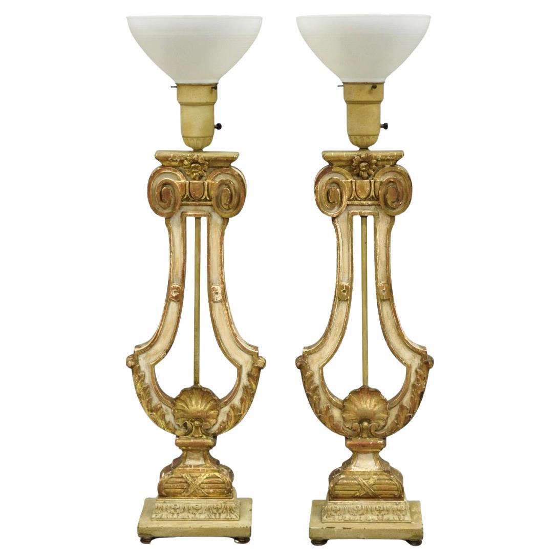 Italian Neoclassical Cream & Gold Gilt Carved Wood Harp Column Table Lamp - Pair For Sale