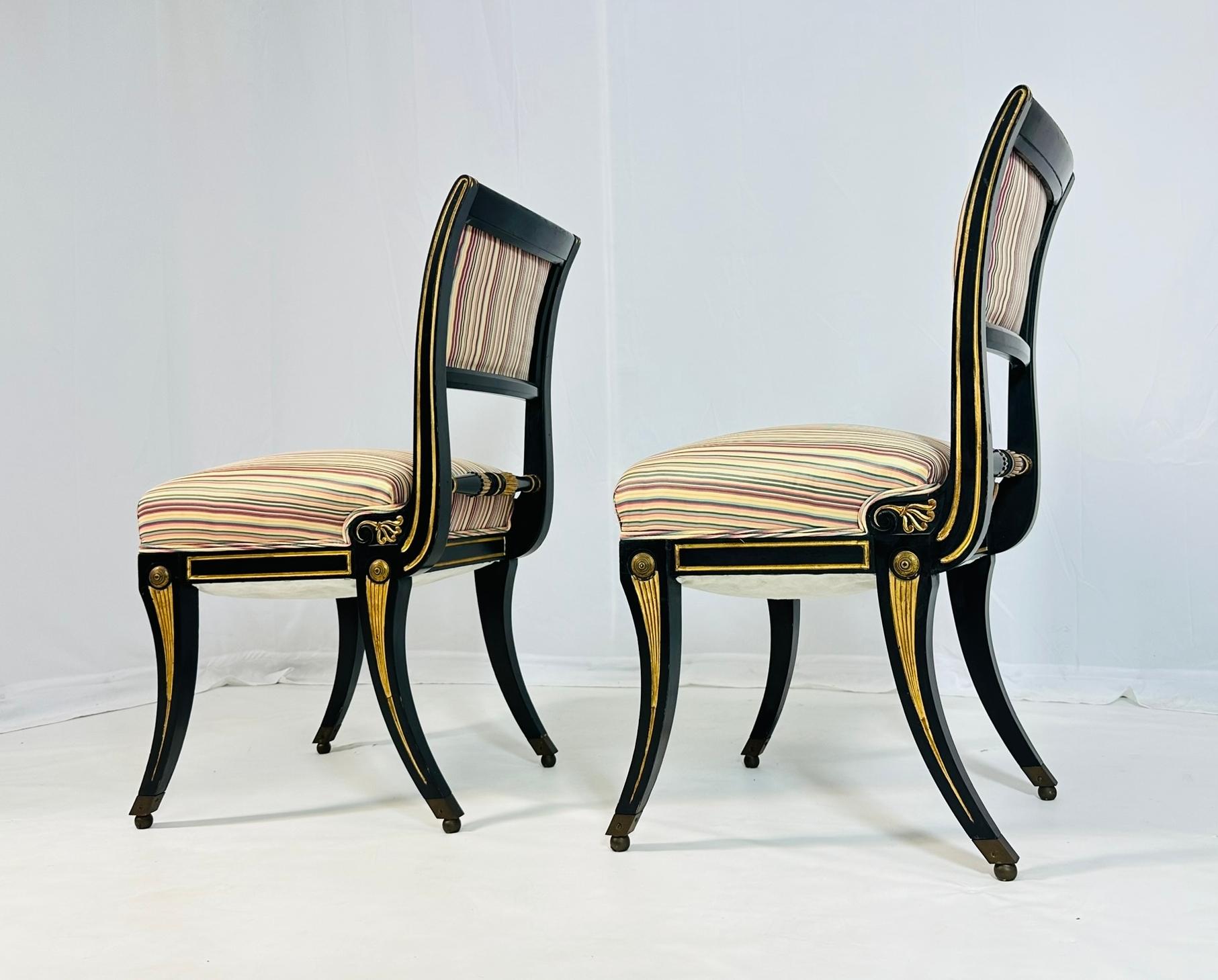 Art Deco Italian Neoclassical Ebonized and Parcel Gilt Slipper Chairs For Sale
