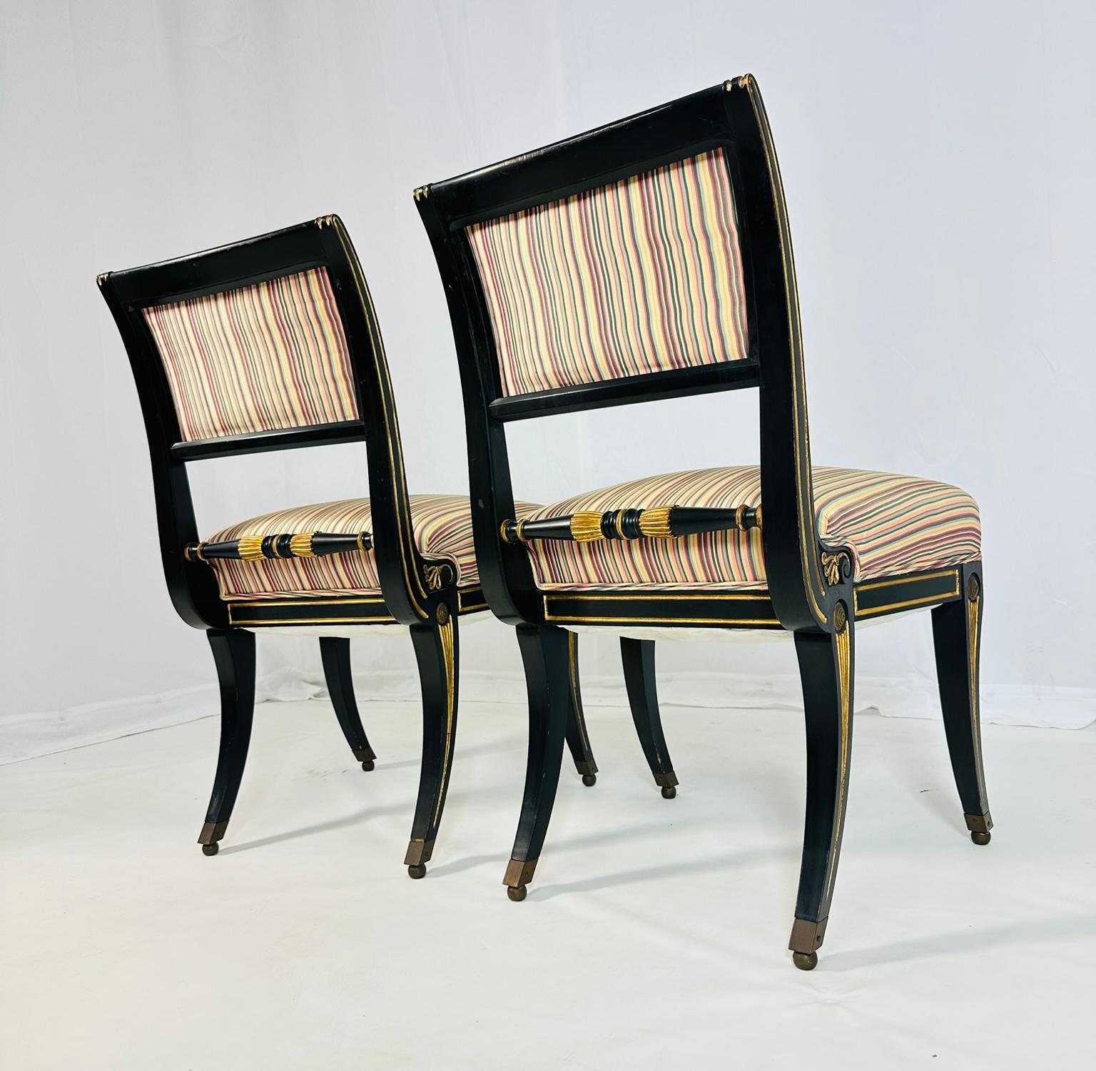 Hand-Crafted Italian Neoclassical Ebonized and Parcel Gilt Slipper Chairs For Sale