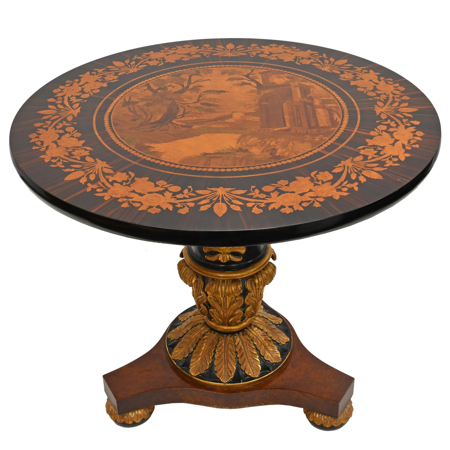 Italian Neoclassical Ebonized Round Pedestal Table w/ Marquetry Inlays & Gilding In Good Condition In Miami, FL