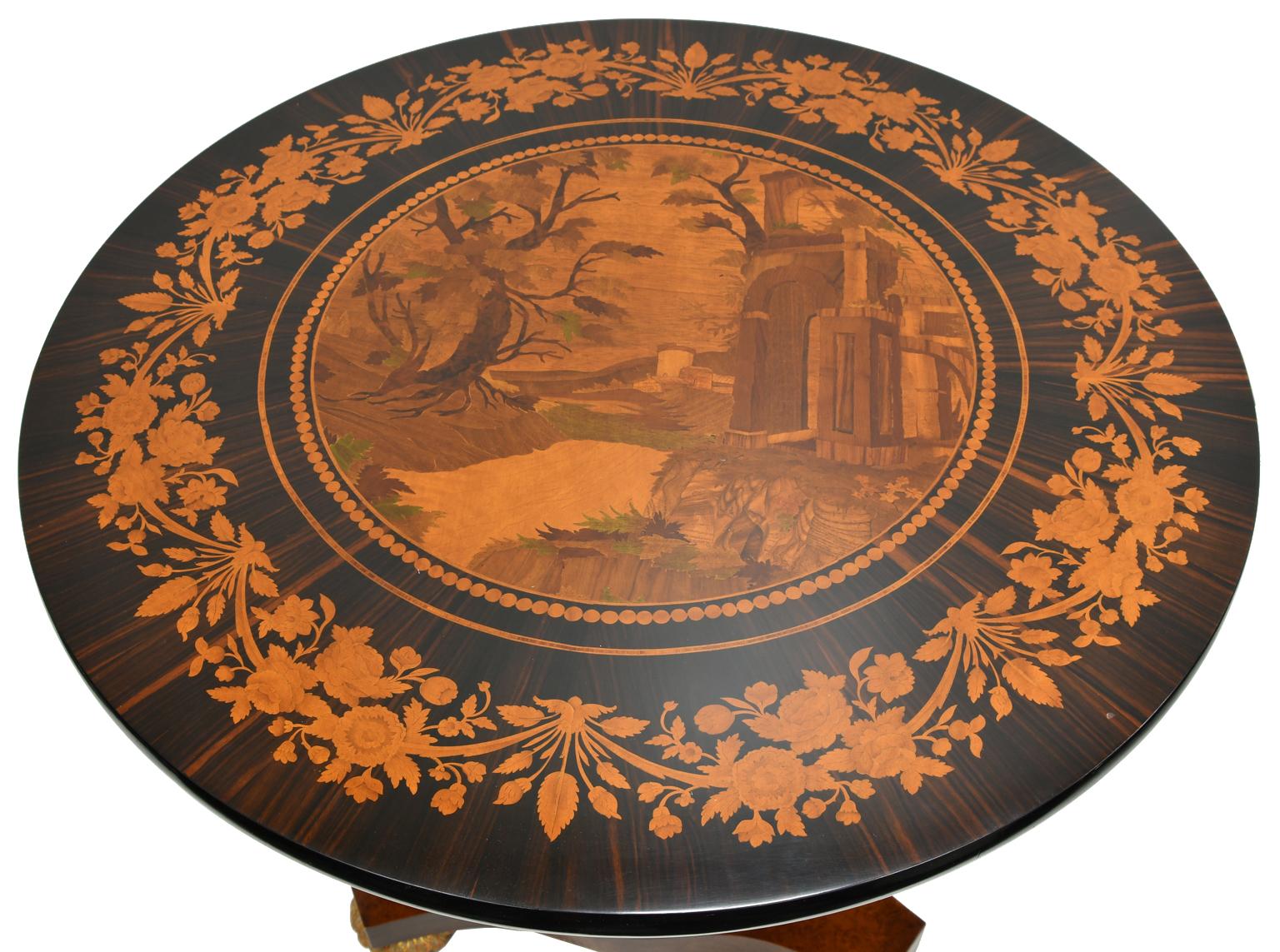 20th Century Italian Neoclassical Ebonized Round Pedestal Table w/ Marquetry Inlays & Gilding