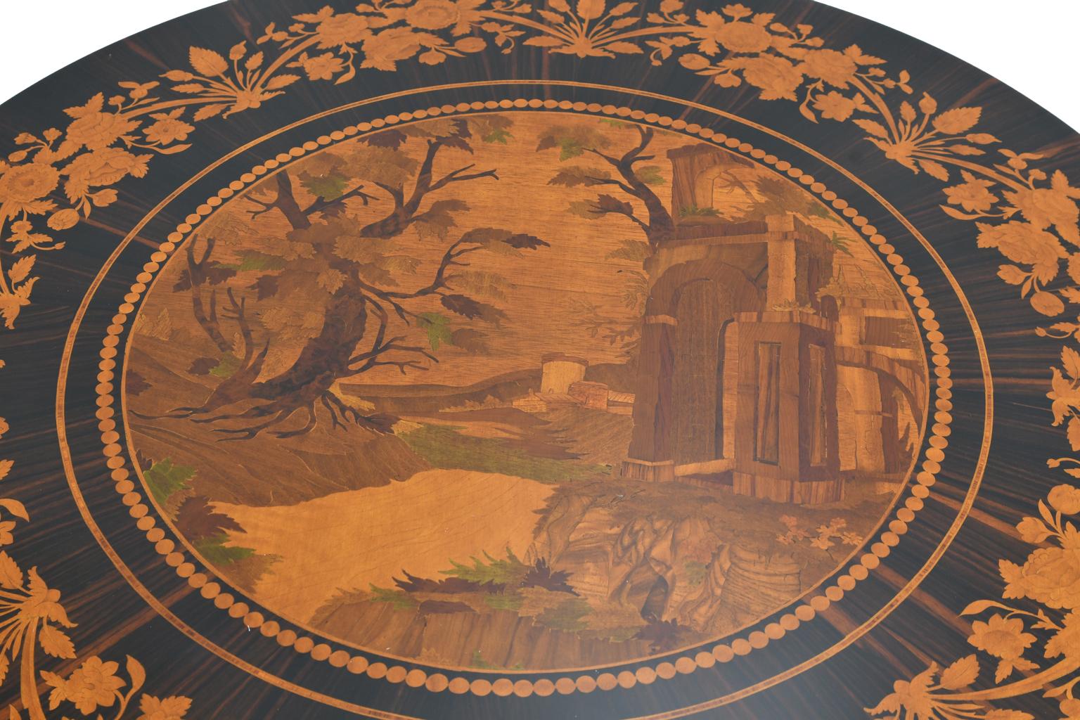 Mahogany Italian Neoclassical Ebonized Round Pedestal Table w/ Marquetry Inlays & Gilding