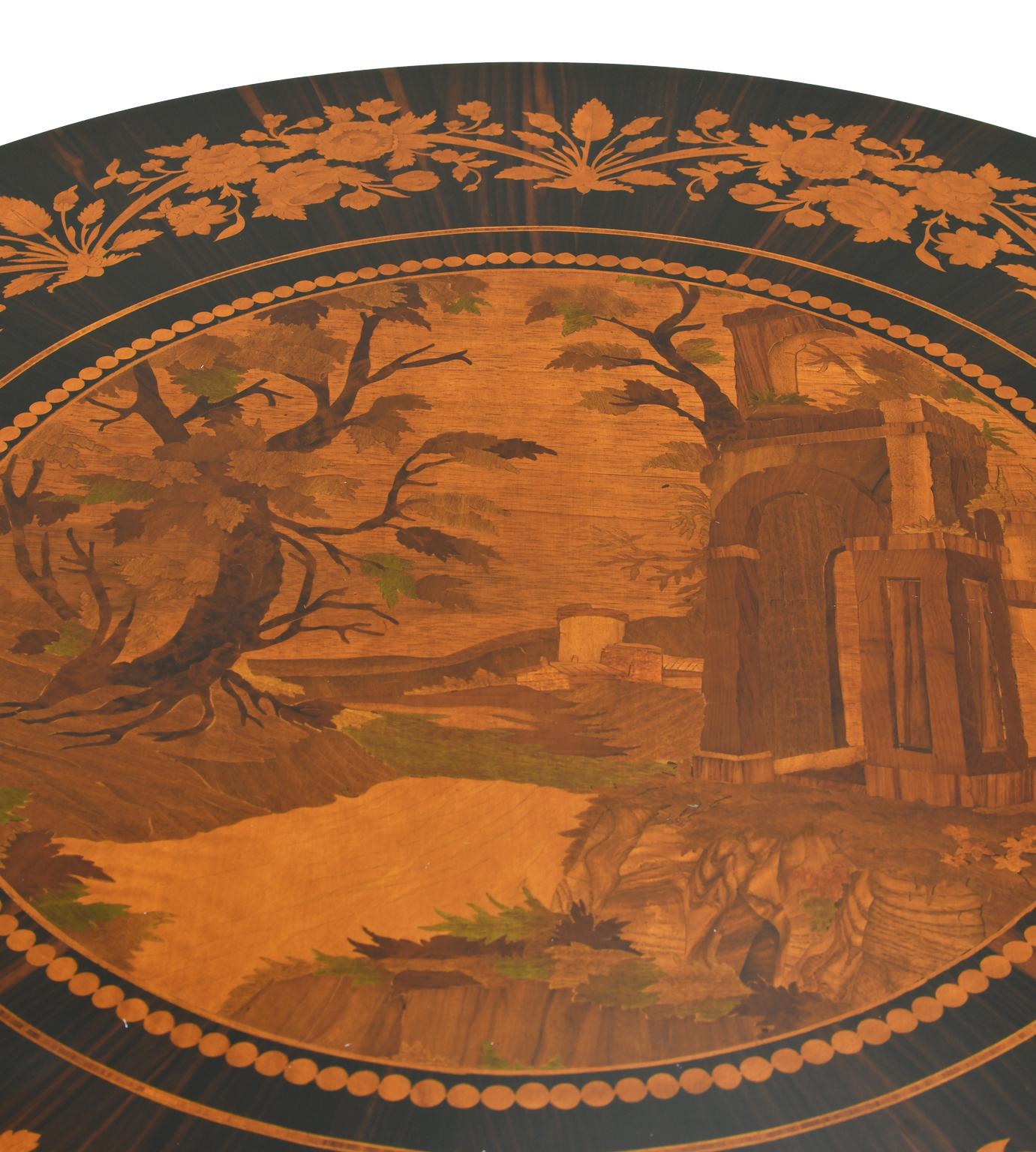 Italian Neoclassical Ebonized Round Pedestal Table w/ Marquetry Inlays & Gilding 1