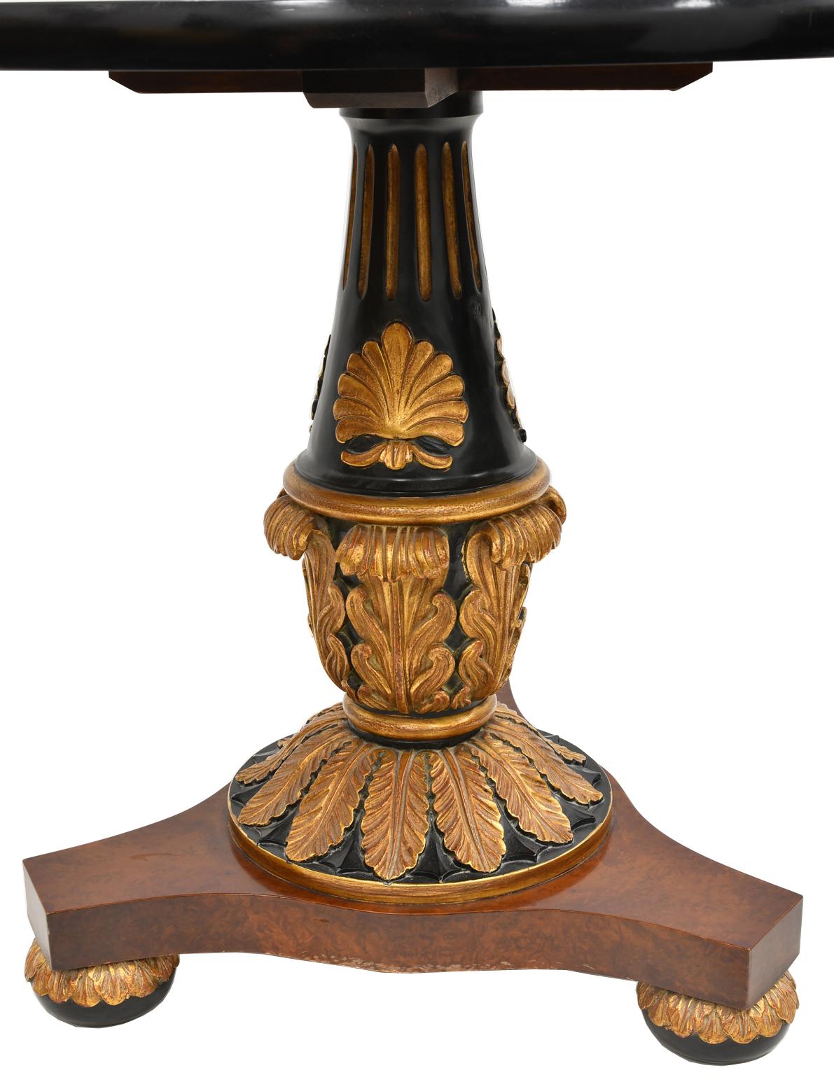 Italian Neoclassical Ebonized Round Pedestal Table w/ Marquetry Inlays & Gilding 2