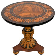 Italian Neoclassical Ebonized Round Pedestal Table w/ Marquetry Inlays & Gilding