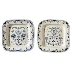 Italian Neoclassical Faience Blue and White Square Wall Plates, Pair