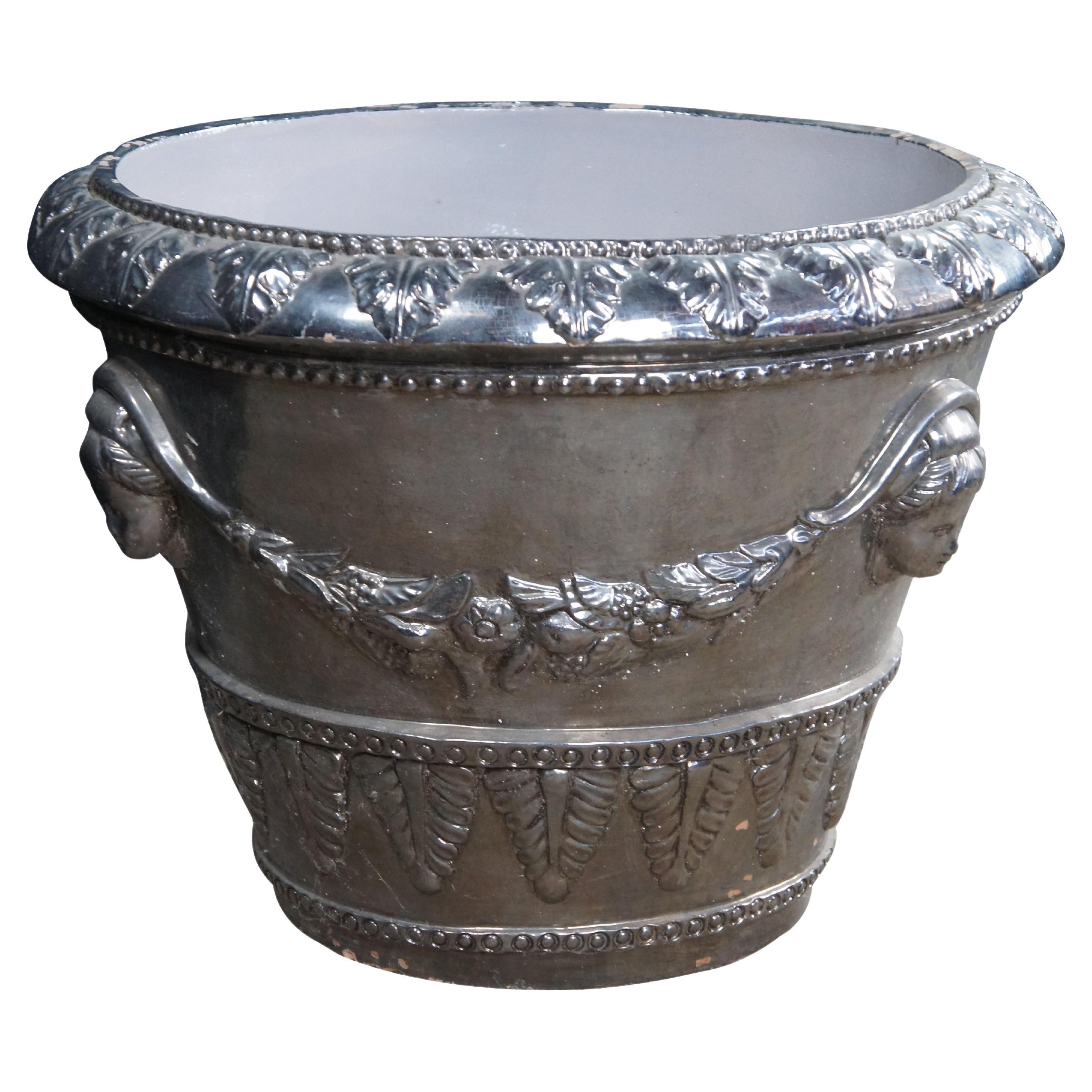 Italian Neoclassical Figural Acanthus Silver Terracotta Garden Planter 26" For Sale