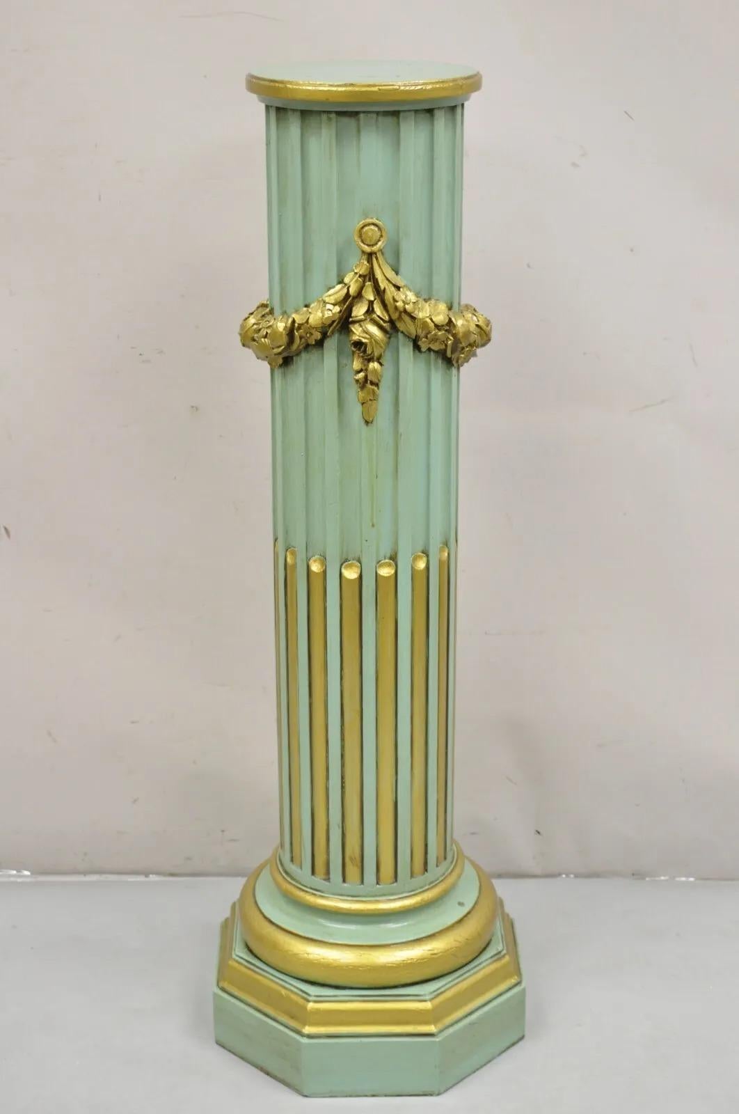 Italian Neoclassical French Empire Green & Gold Painted Wooden Column Pedestal For Sale 6