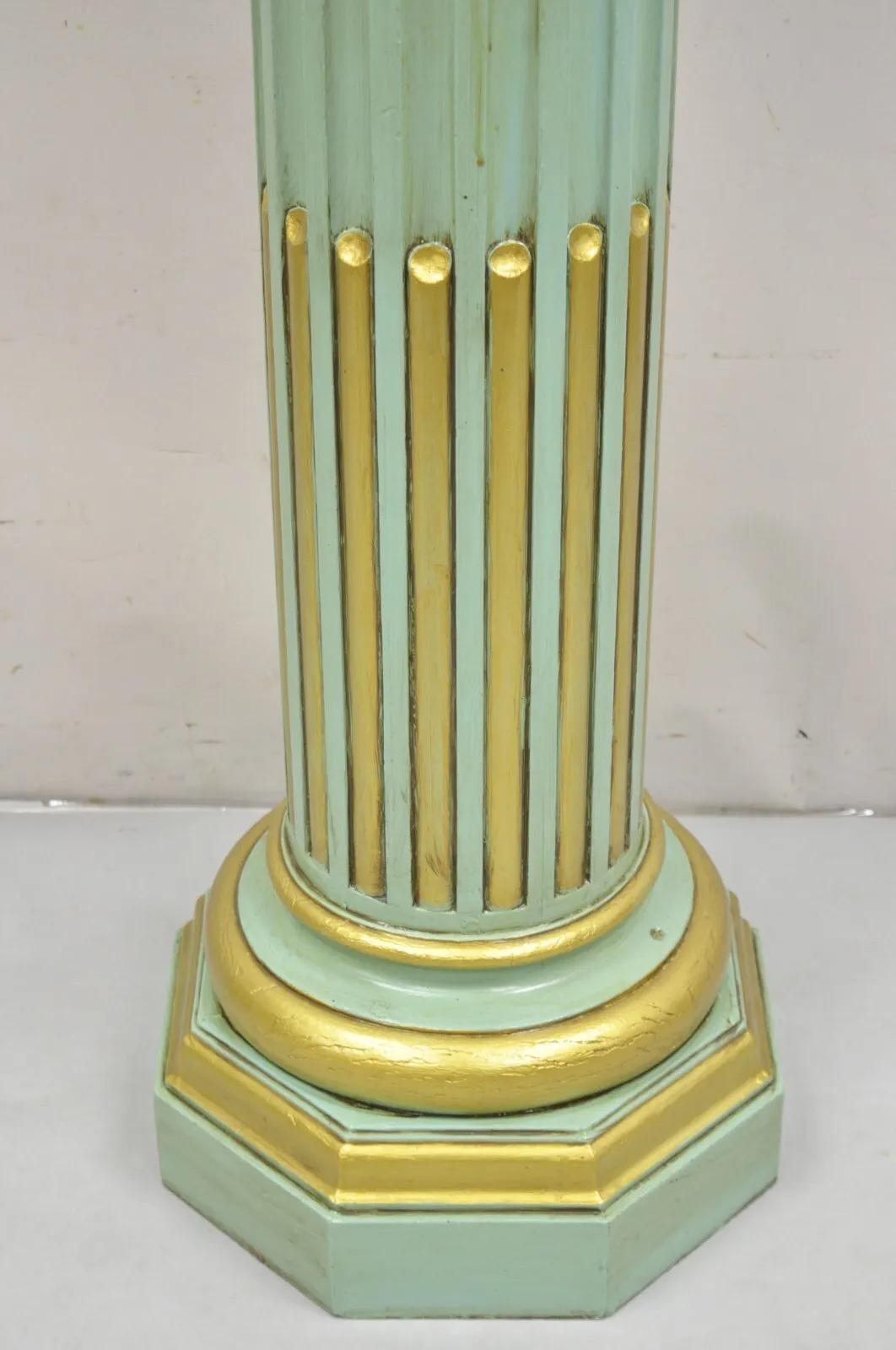 Antique Italian Neoclassical / French Empire Style Green & Gold Painted Carved Wood Column Pedestal. Circa 1900, (painted finish appears to be a vintage addition) Measurements:  Overall: 47