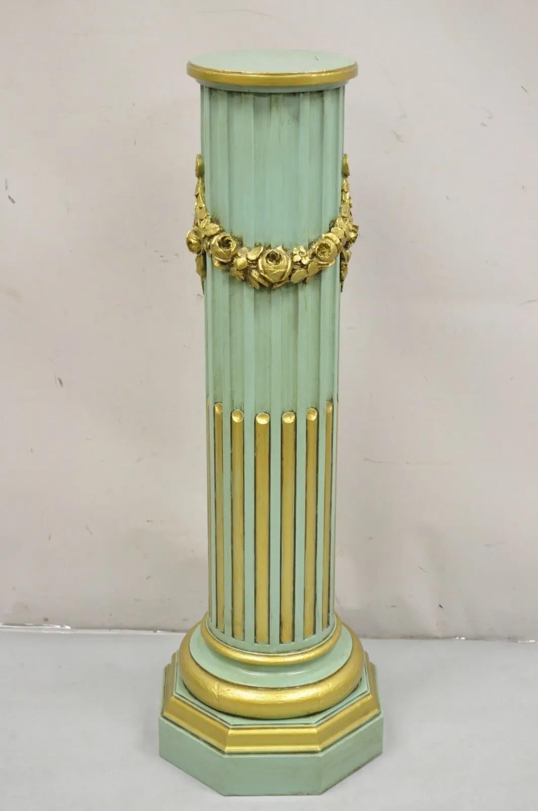 Italian Neoclassical French Empire Green & Gold Painted Wooden Column Pedestal For Sale 4