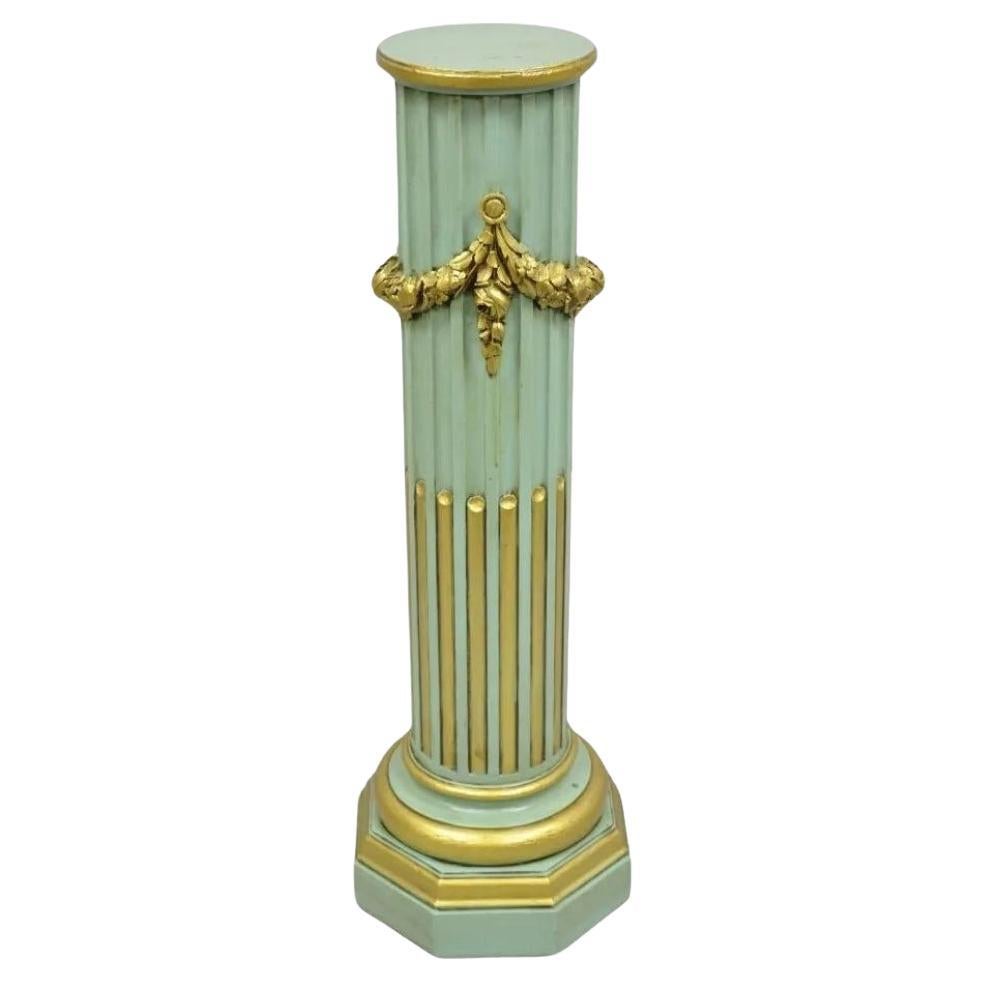 Italian Neoclassical French Empire Green & Gold Painted Wooden Column Pedestal For Sale
