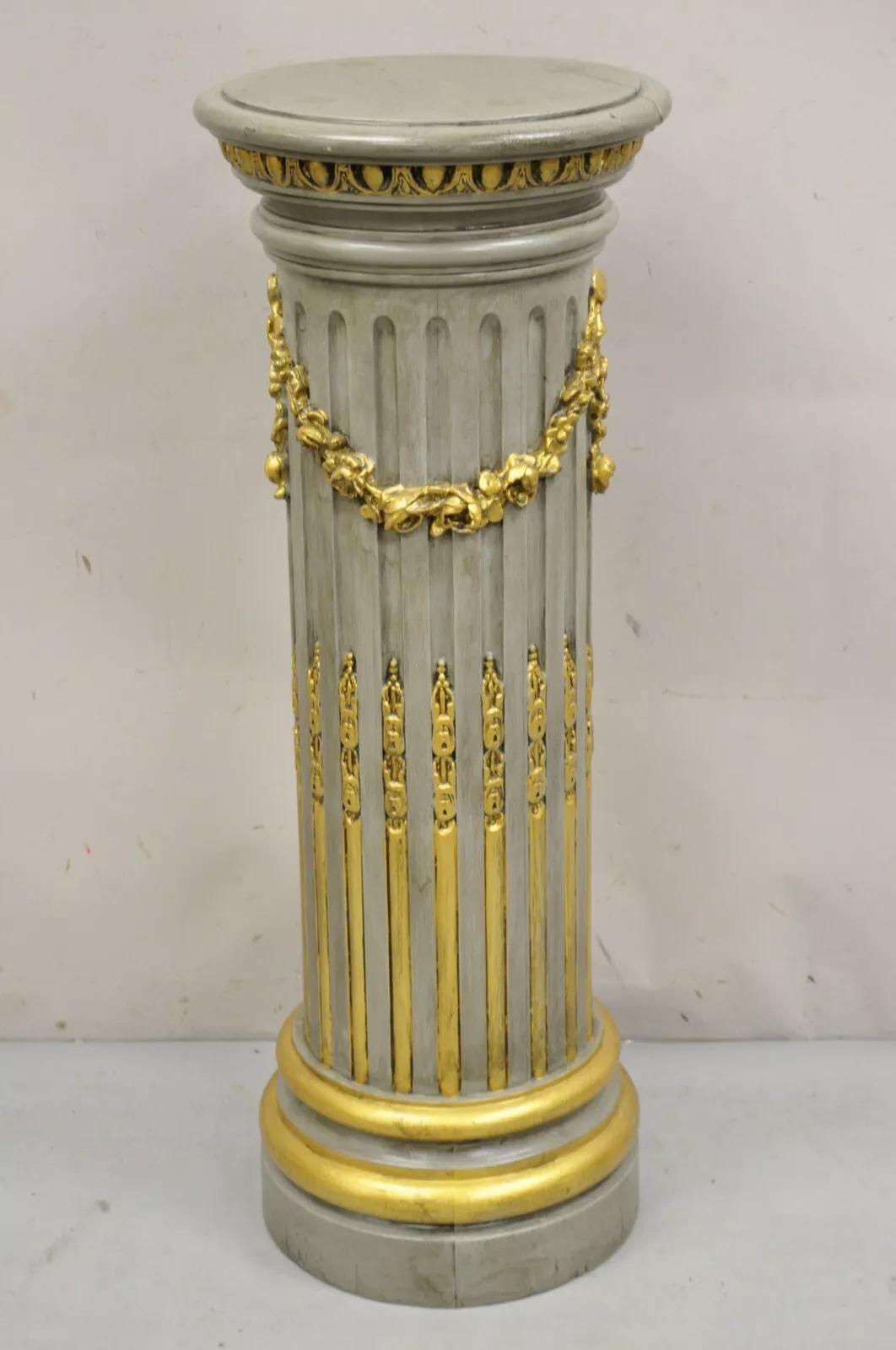 Italian Neoclassical French Empire Grey & Gold Painted Wooden Column Pedestal For Sale 5