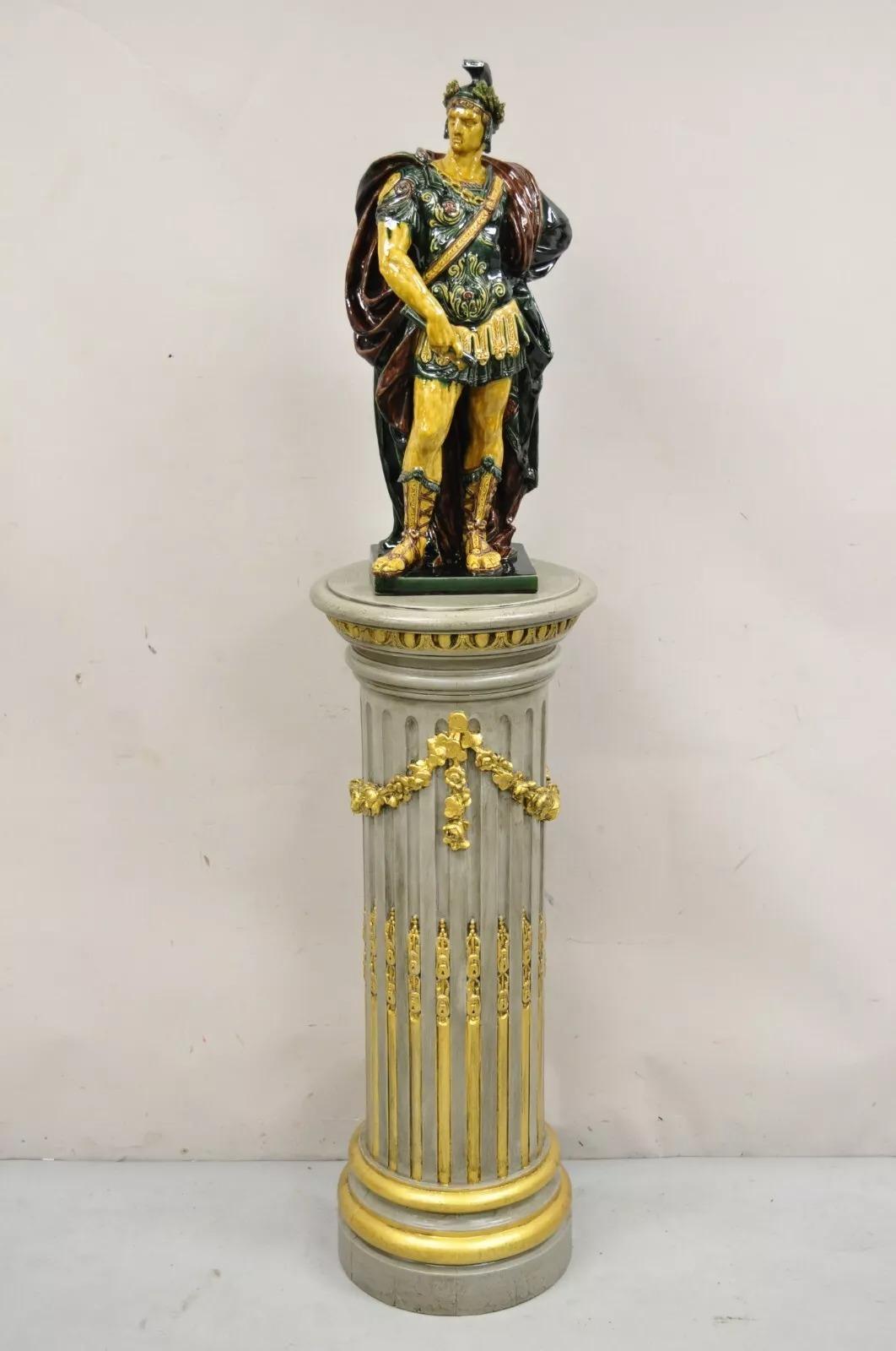 Antique Italian Neoclassical / French Empire Style Grey & Gold Painted Floral Drape Carved Wood Column Pedestal (painted finish appears to be a later vintage addition). Circa Late 19th Century. Measurements: 42
