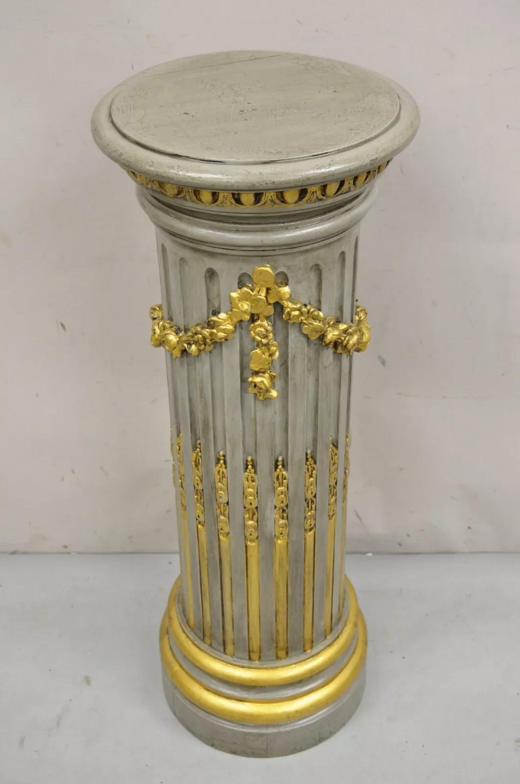 Biedermeier Italian Neoclassical French Empire Grey & Gold Painted Wooden Column Pedestal For Sale