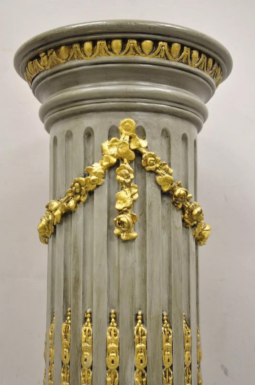Unknown Italian Neoclassical French Empire Grey & Gold Painted Wooden Column Pedestal For Sale