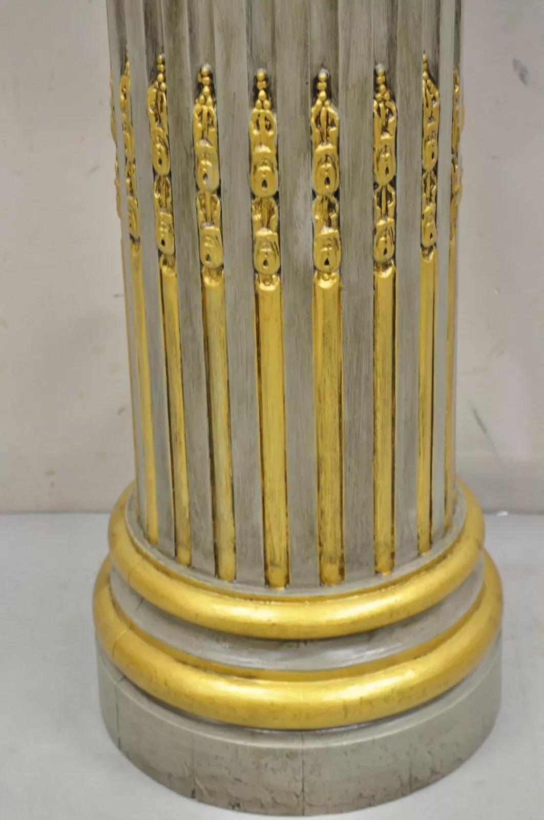 Italian Neoclassical French Empire Grey & Gold Painted Wooden Column Pedestal For Sale 1