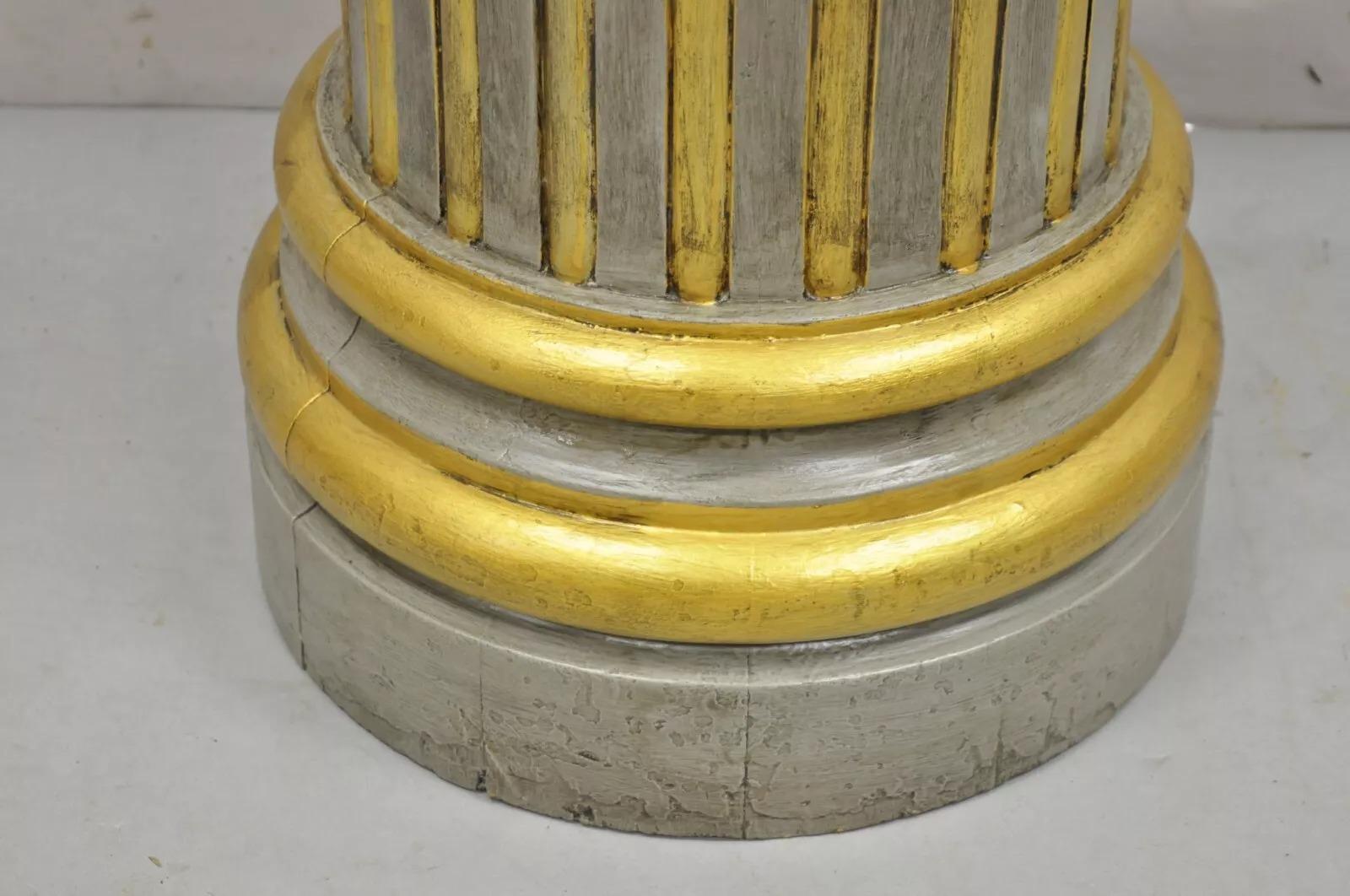 Italian Neoclassical French Empire Grey & Gold Painted Wooden Column Pedestal For Sale 2