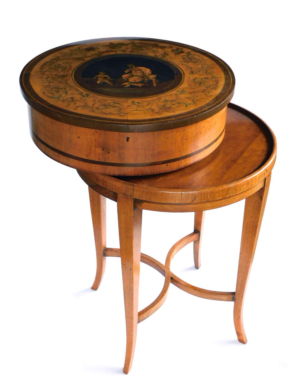 Hand-Carved Italian Neoclassical Fruitwood Inlaid Cylindrical Sewing Box on Stand For Sale
