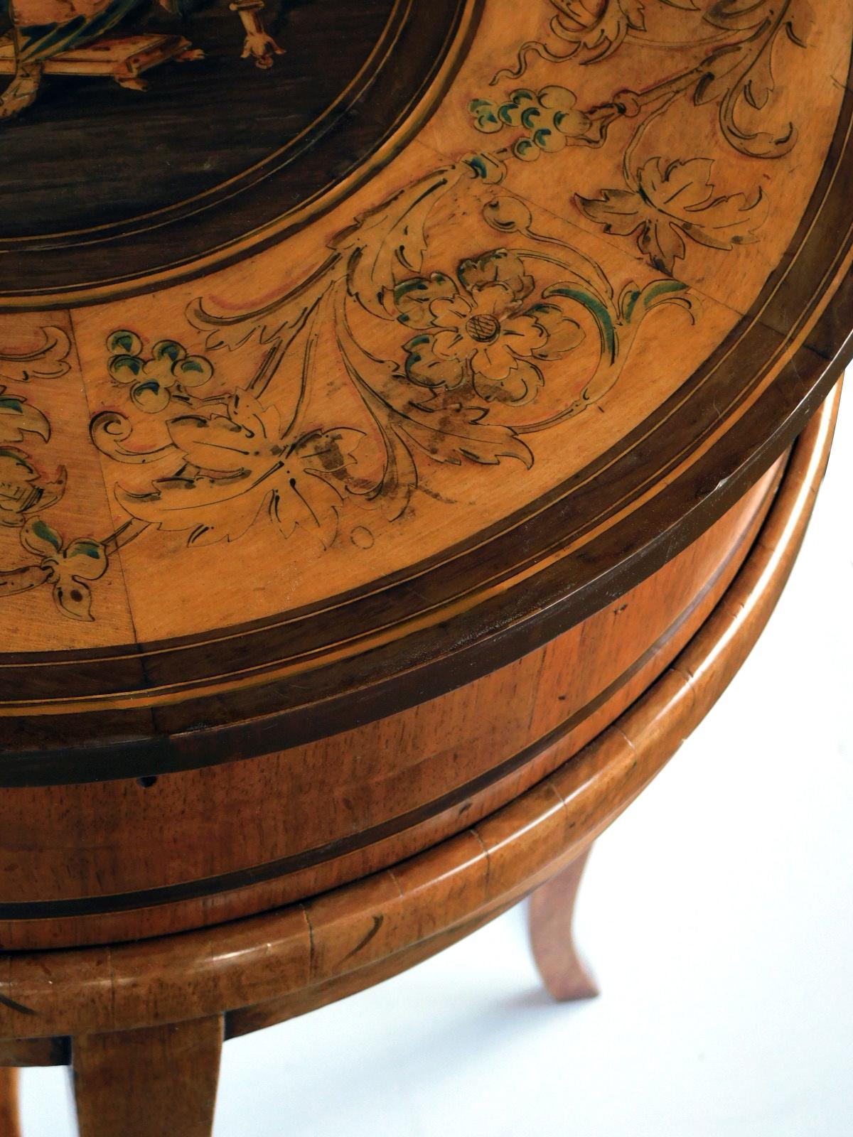 Early 19th Century Italian Neoclassical Fruitwood Inlaid Cylindrical Sewing Box on Stand For Sale