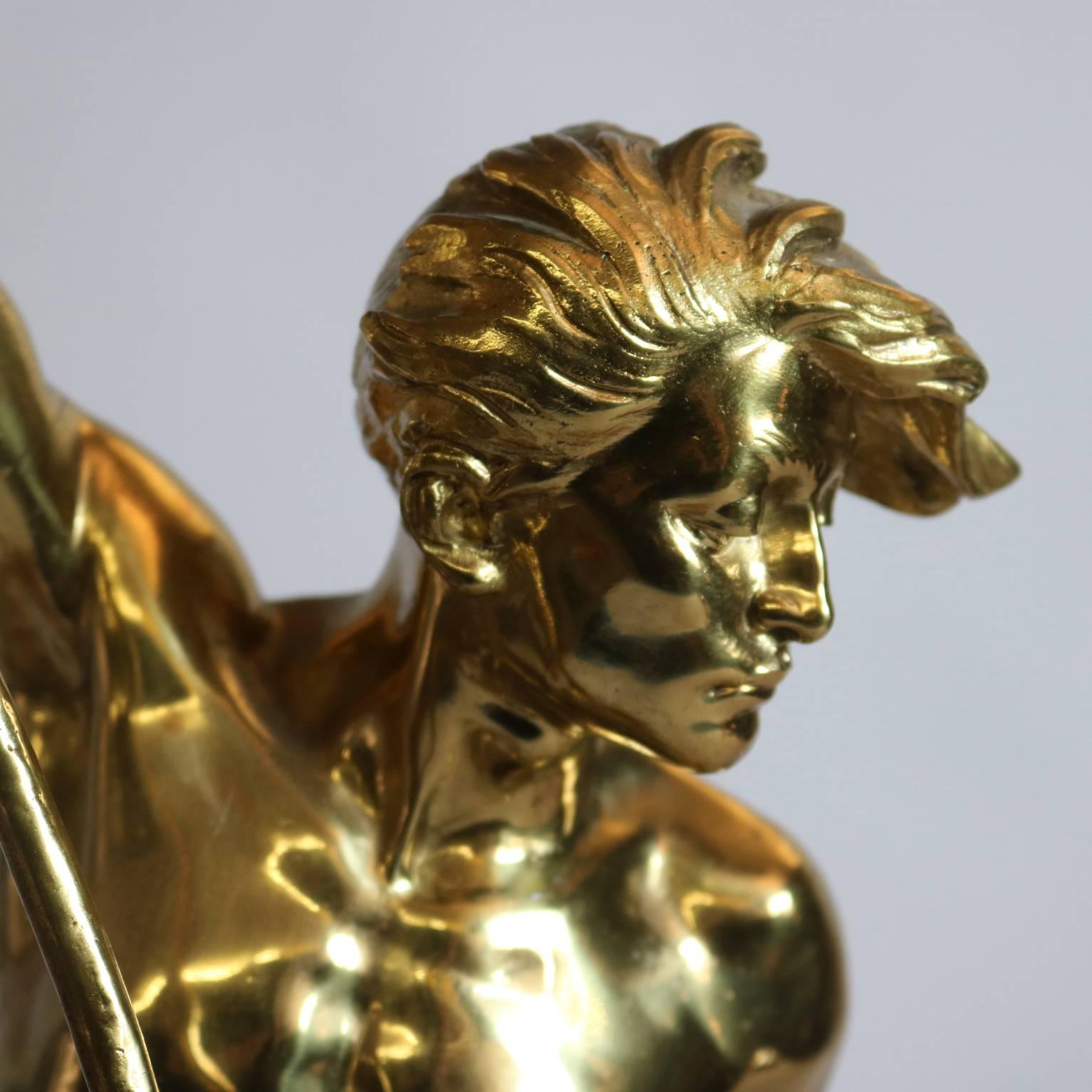 Italian neoclassical polished gilt cast portrait sculpture depicts the young Poseidon thrusting his trident (bident), signed Ferrano, circa 1870

Measures: 33
