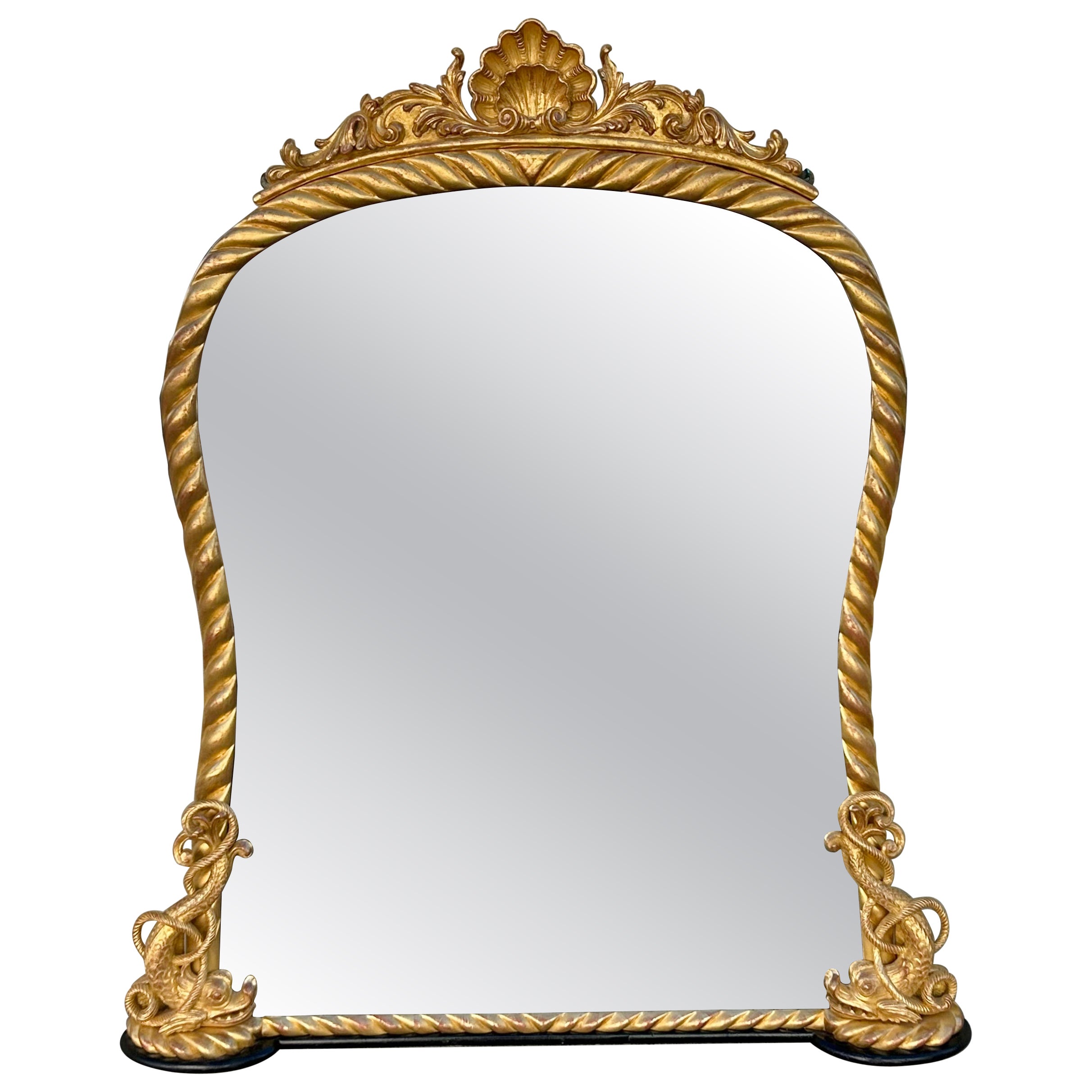 Italian Neoclassical Gilt Shell
Foliage Crest Dolphin Rope Wall Mirror, C 1780