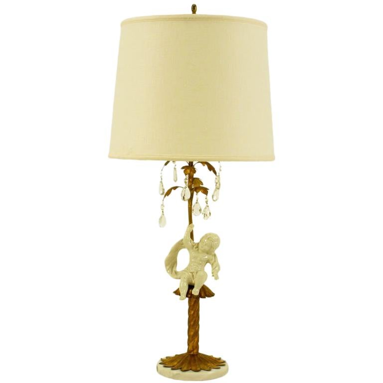 Italian Neoclassical Gilt Tole Metal, Crystal & Putto Table Lamp For Sale