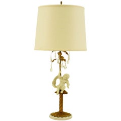 Retro Italian Neoclassical Gilt Tole Metal, Crystal & Putto Table Lamp