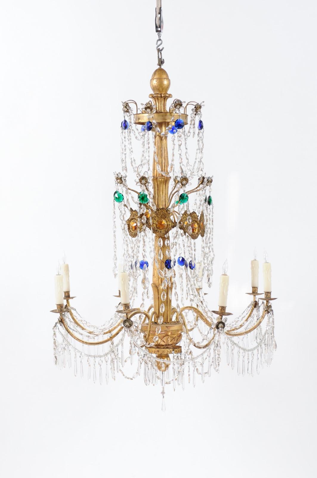 18th Century Italian Neoclassical Giltwood and Crystal 8-Light Chandelier, circa 1790