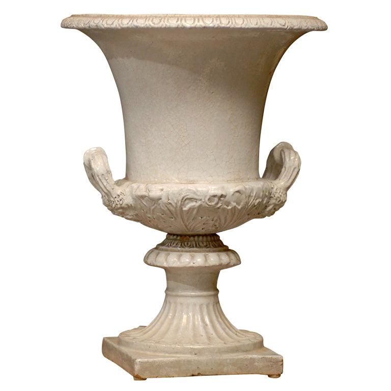 Italian Neoclassical Glazed Terracotta Campagne Urn, Gadroon Edge, circa 1920s For Sale