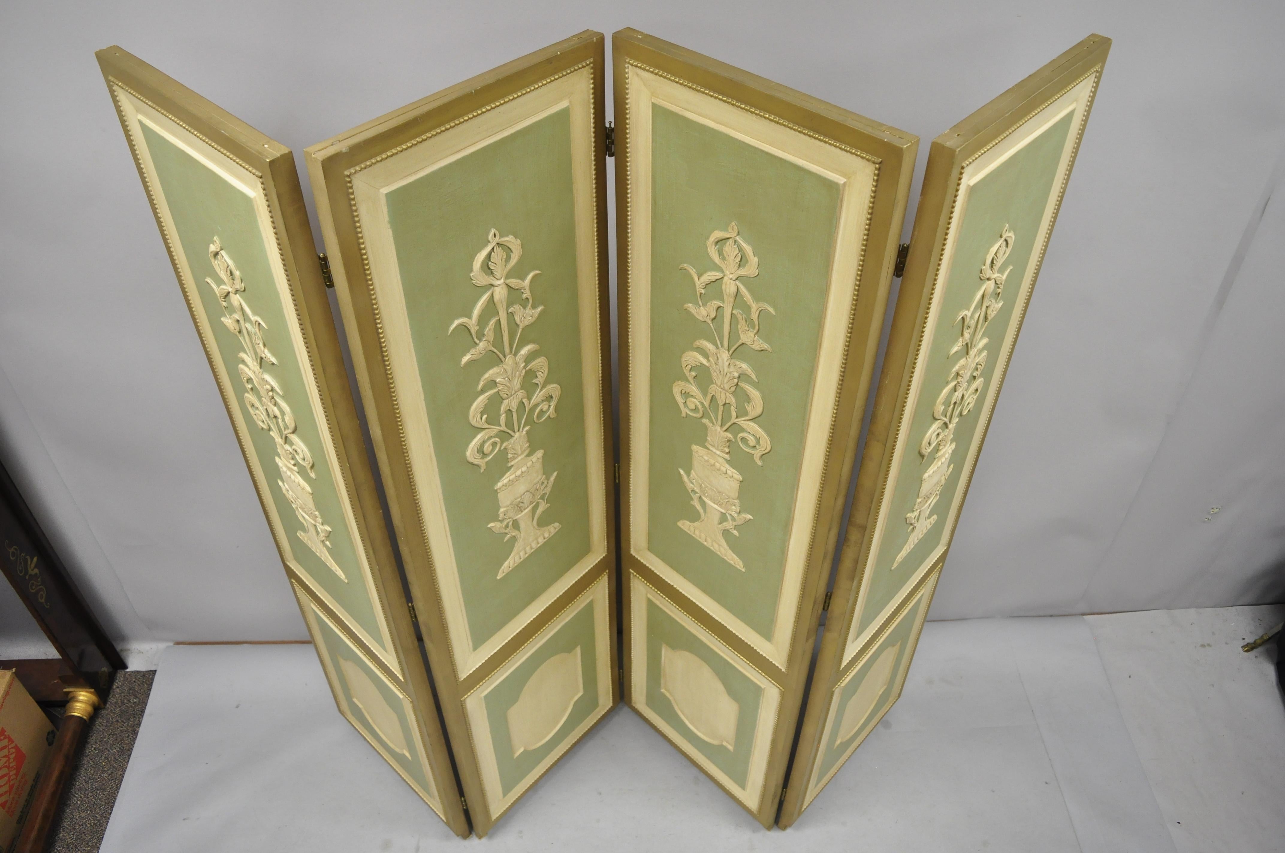 Italian Neoclassical Green Gold 4-Panel Section Carved Urn Flower Folding Screen 7