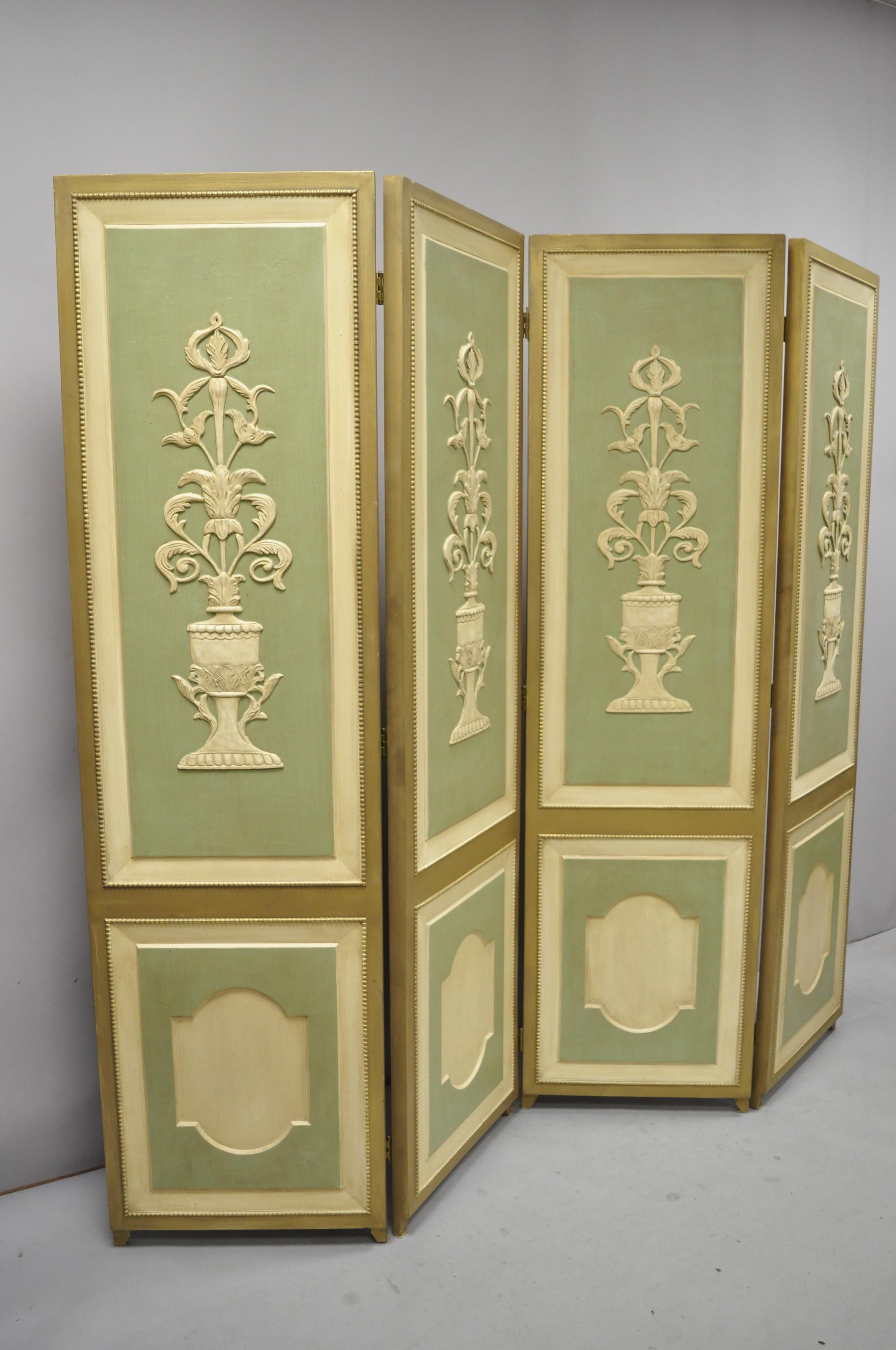 Italian neoclassical green and gold 4-panel section carved urn and flower folding screen.
Item includes carved wood panels of flowers and urns, 4 folding panels, distressed finish, very nice antique item, great style and form, circa mid-20th