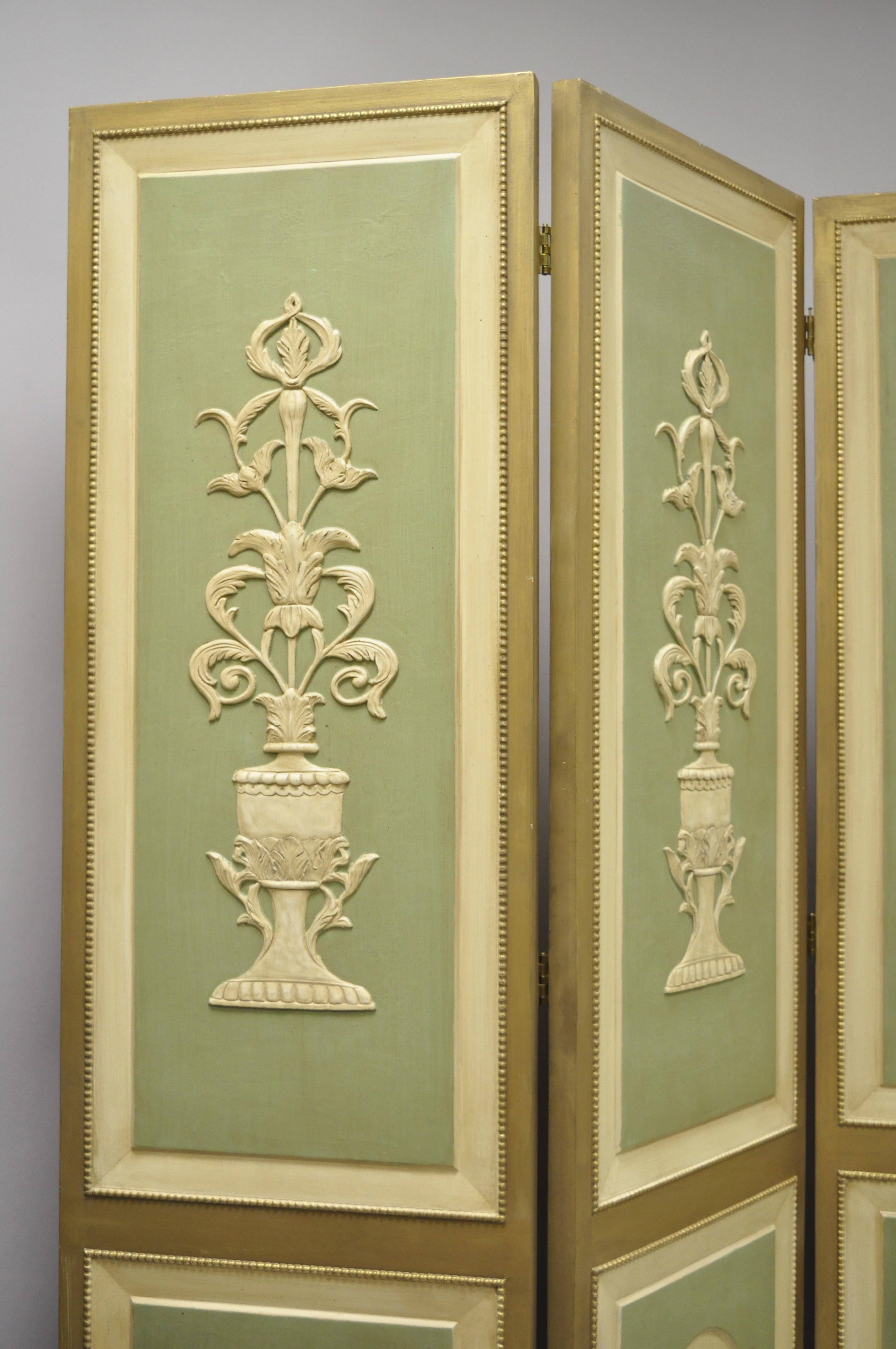 Italian Neoclassical Green Gold 4-Panel Section Carved Urn Flower Folding Screen In Good Condition In Philadelphia, PA