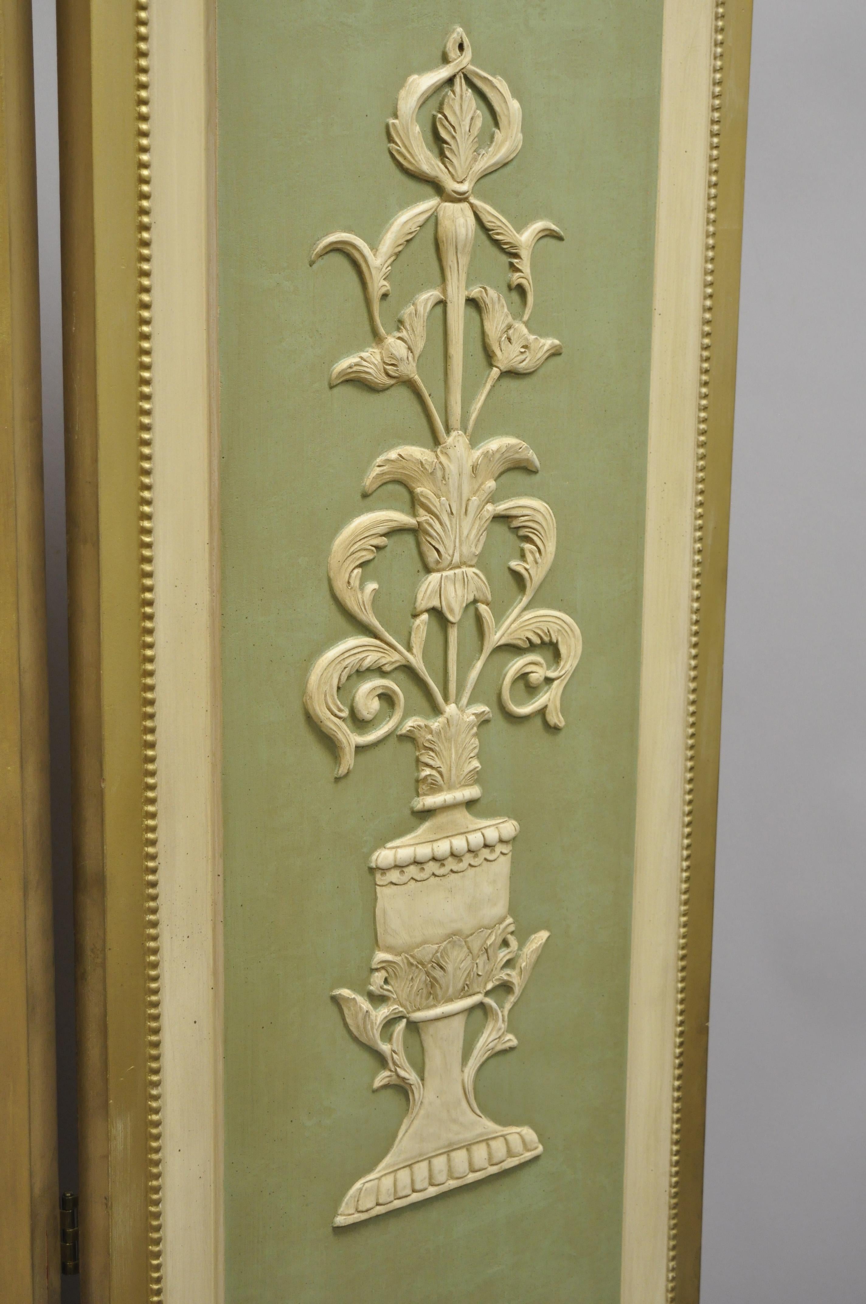 Italian Neoclassical Green Gold 4-Panel Section Carved Urn Flower Folding Screen 2