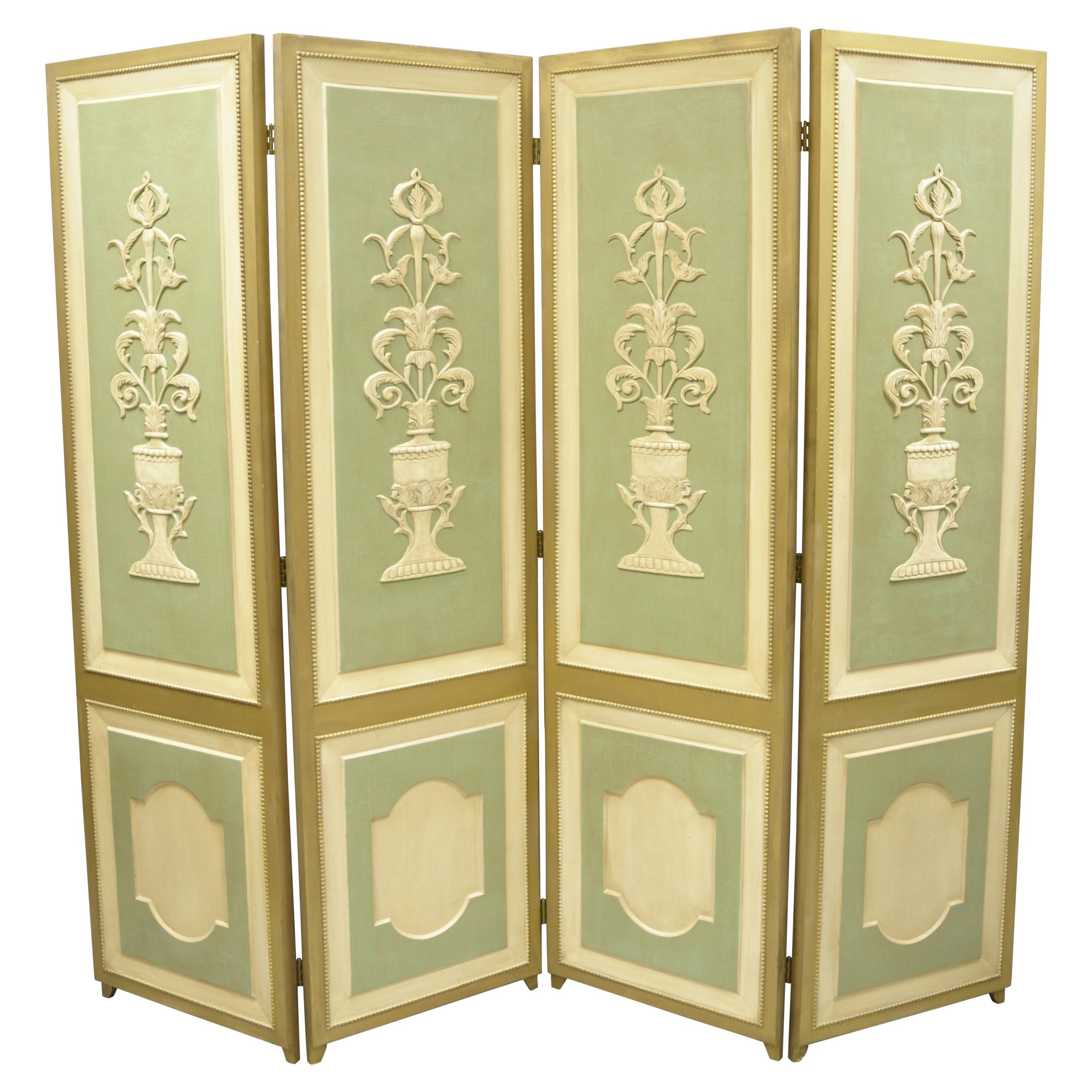 Italian Neoclassical Green Gold 4-Panel Section Carved Urn Flower Folding Screen