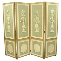 Italian Neoclassical Green Gold 4-Panel Section Carved Urn Flower Folding Screen