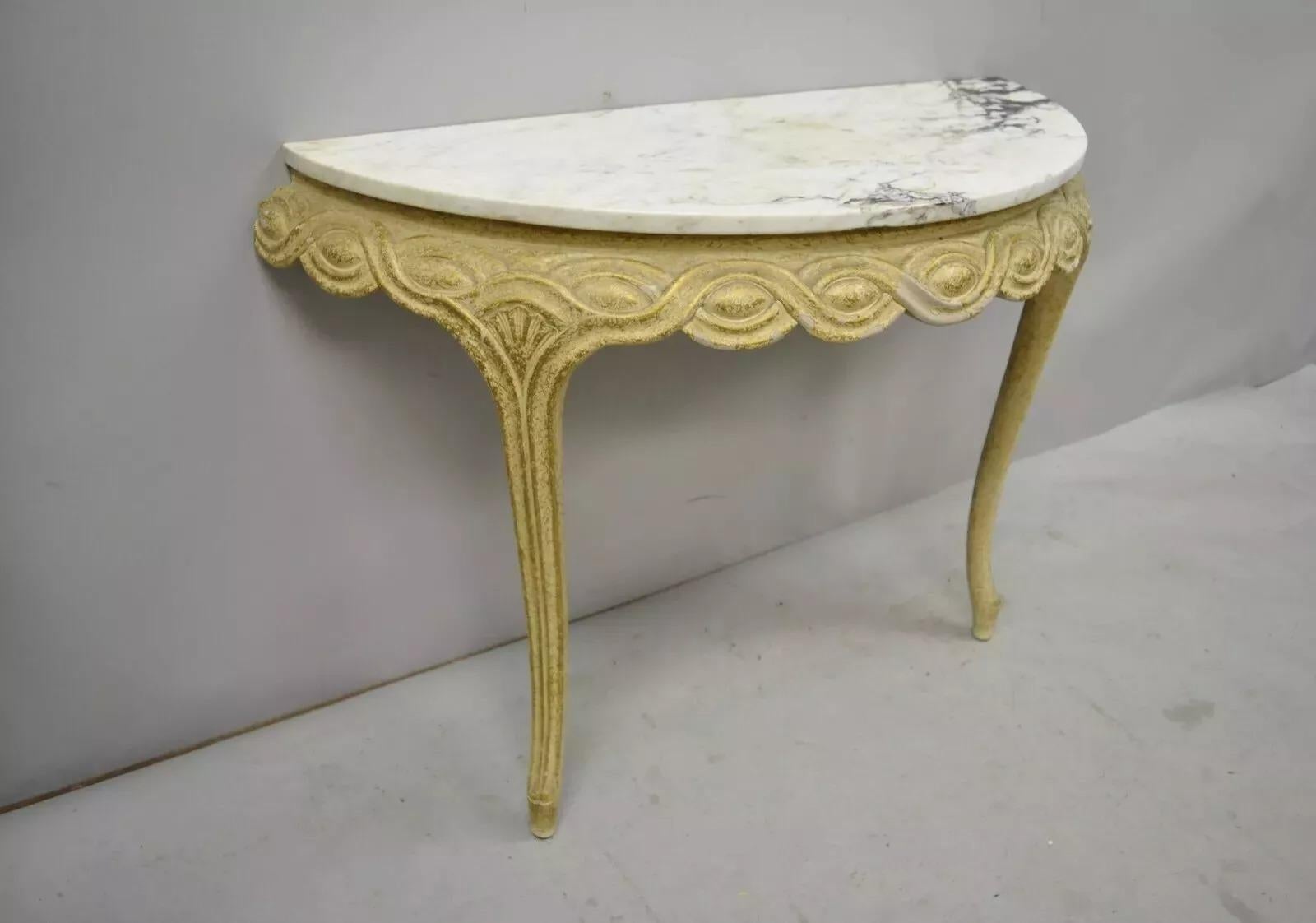 Italian Neoclassical Half Round Demilune Marble Top Ribbon Carved Console Table For Sale 5