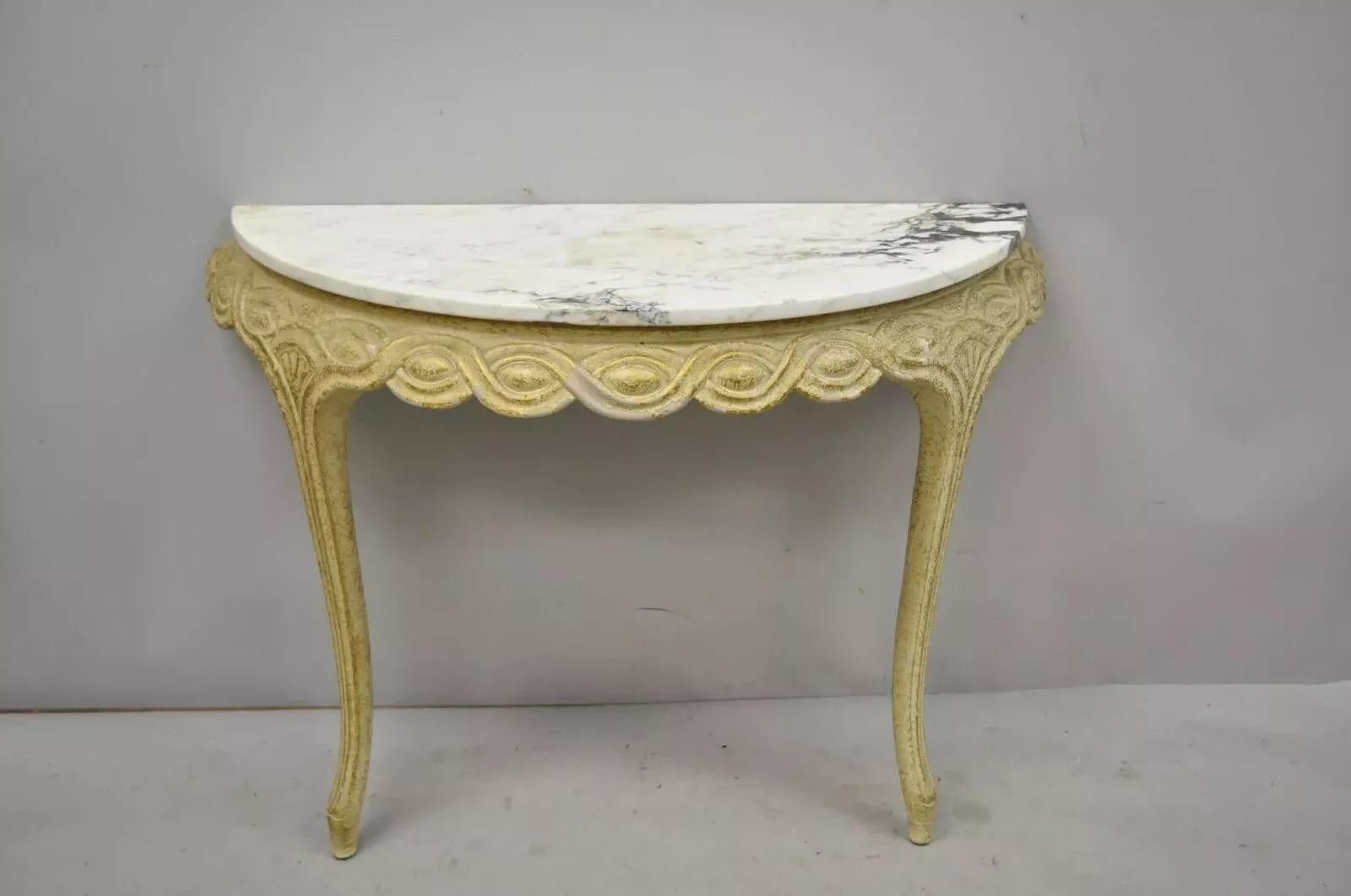 Italian Neoclassical Half Round Demilune Marble Top Ribbon Carved Console Table For Sale 6