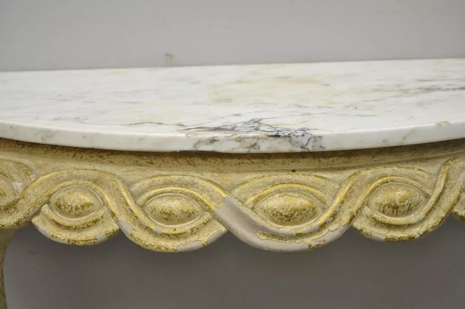 20th Century Italian Neoclassical Half Round Demilune Marble Top Ribbon Carved Console Table For Sale