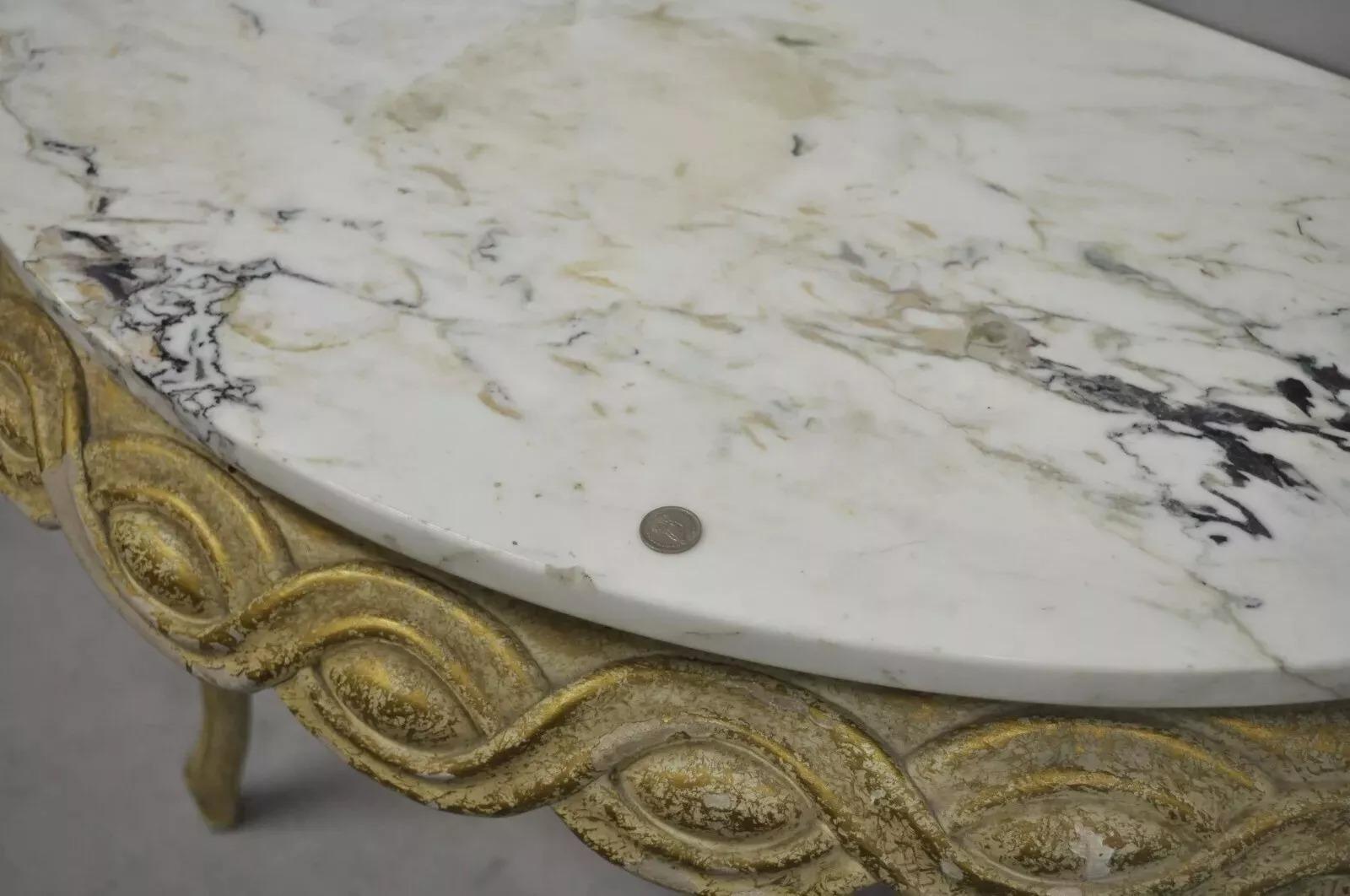 Italian Neoclassical Half Round Demilune Marble Top Ribbon Carved Console Table For Sale 4