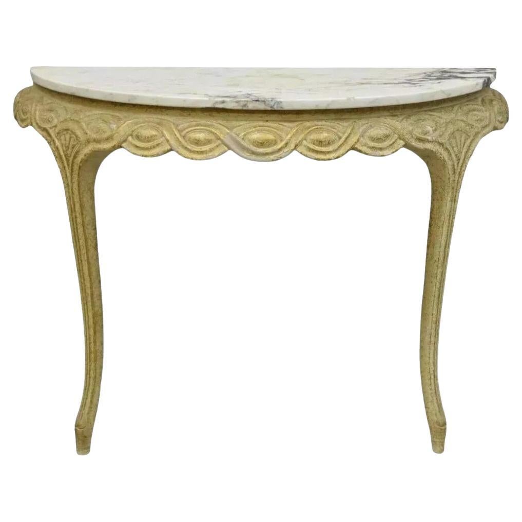 Italian Neoclassical Half Round Demilune Marble Top Ribbon Carved Console Table For Sale