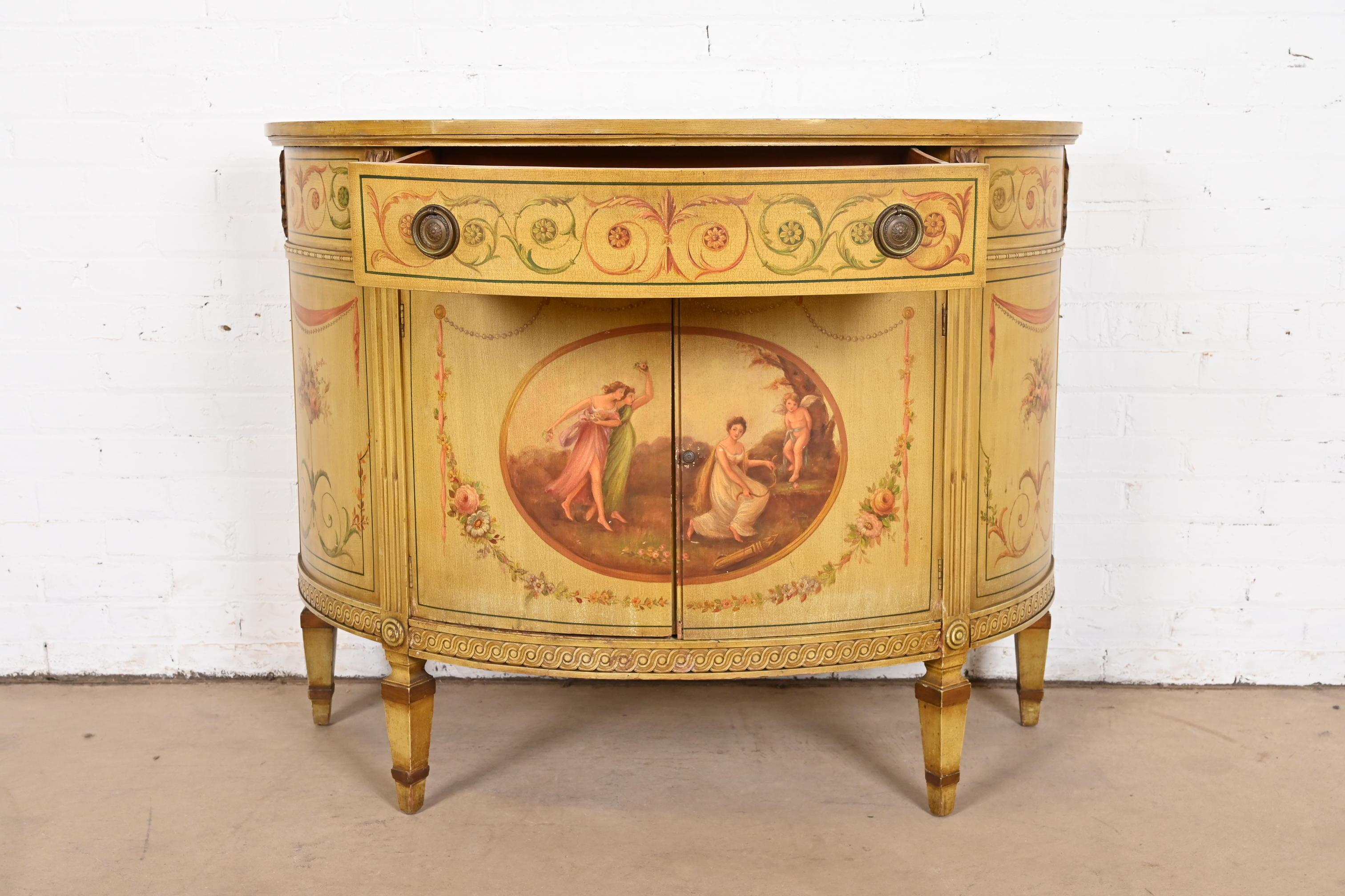 Italian Neoclassical Hand Painted Demilune Console or Bar Cabinet For Sale 5