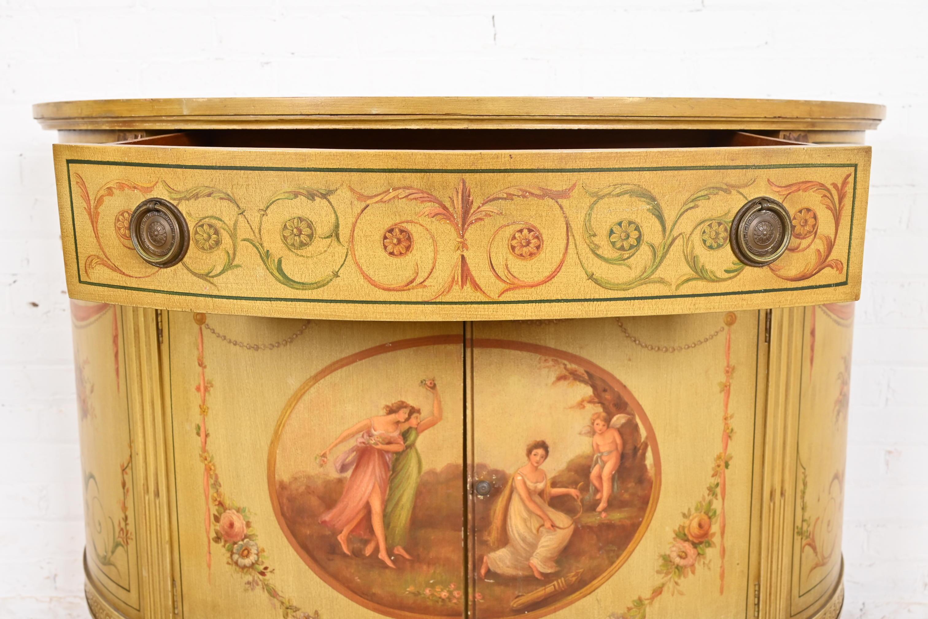 Italian Neoclassical Hand Painted Demilune Console or Bar Cabinet For Sale 6