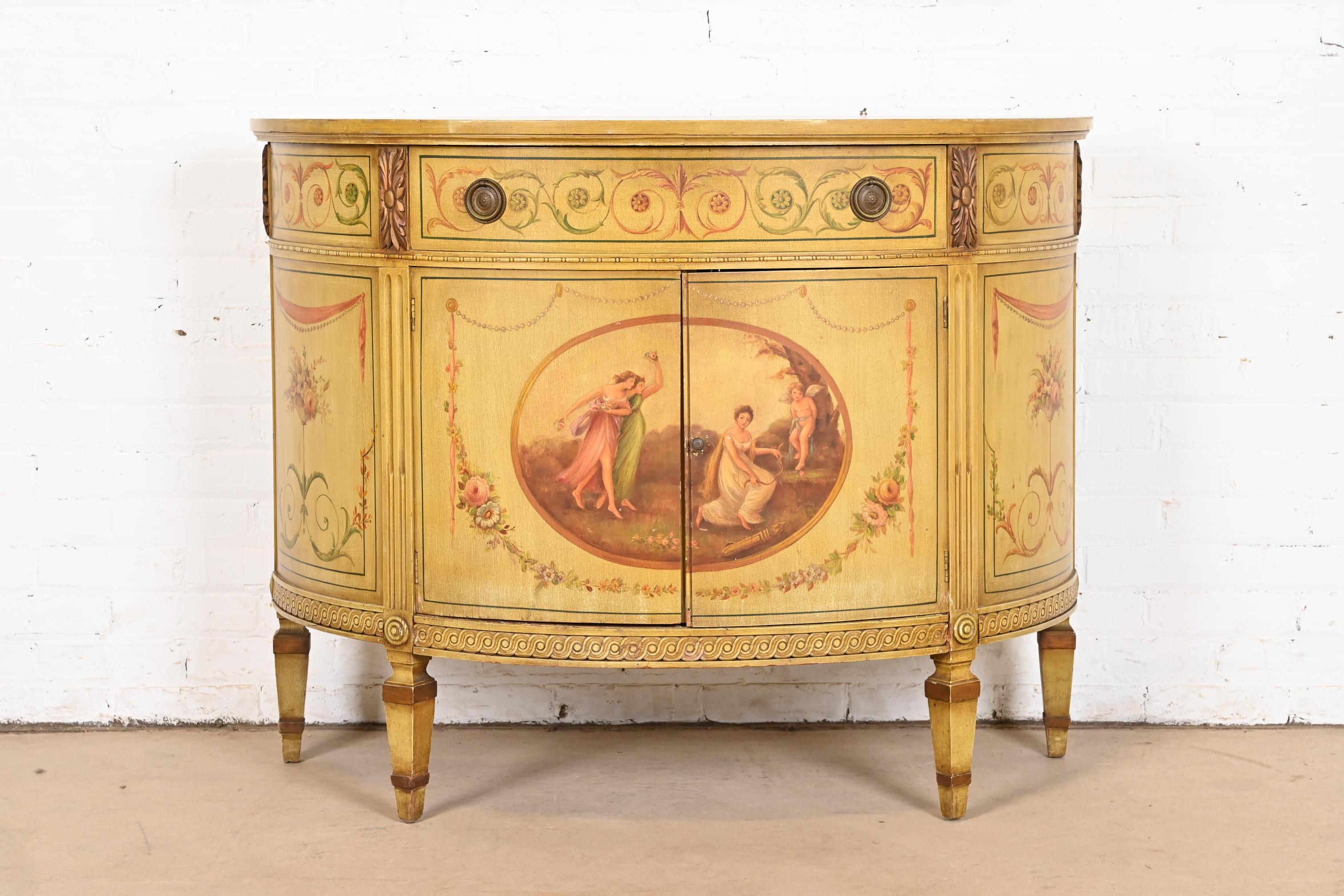 Italian Neoclassical Hand Painted Demilune Console or Bar Cabinet In Good Condition For Sale In South Bend, IN