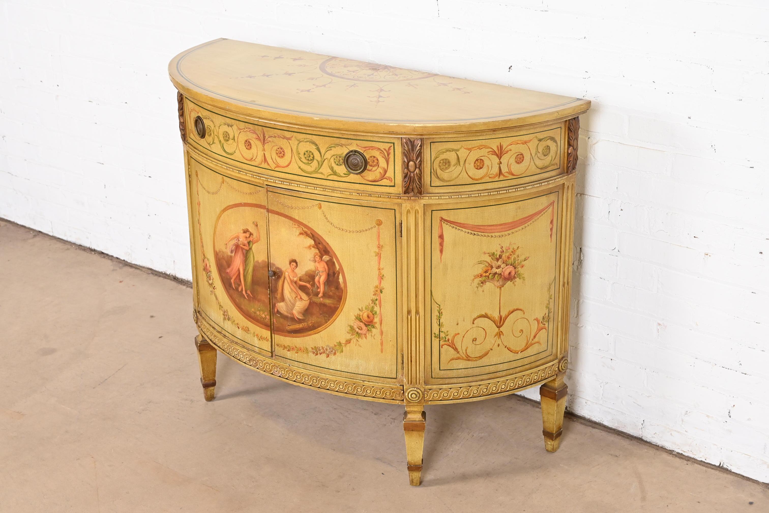 Mid-20th Century Italian Neoclassical Hand Painted Demilune Console or Bar Cabinet For Sale