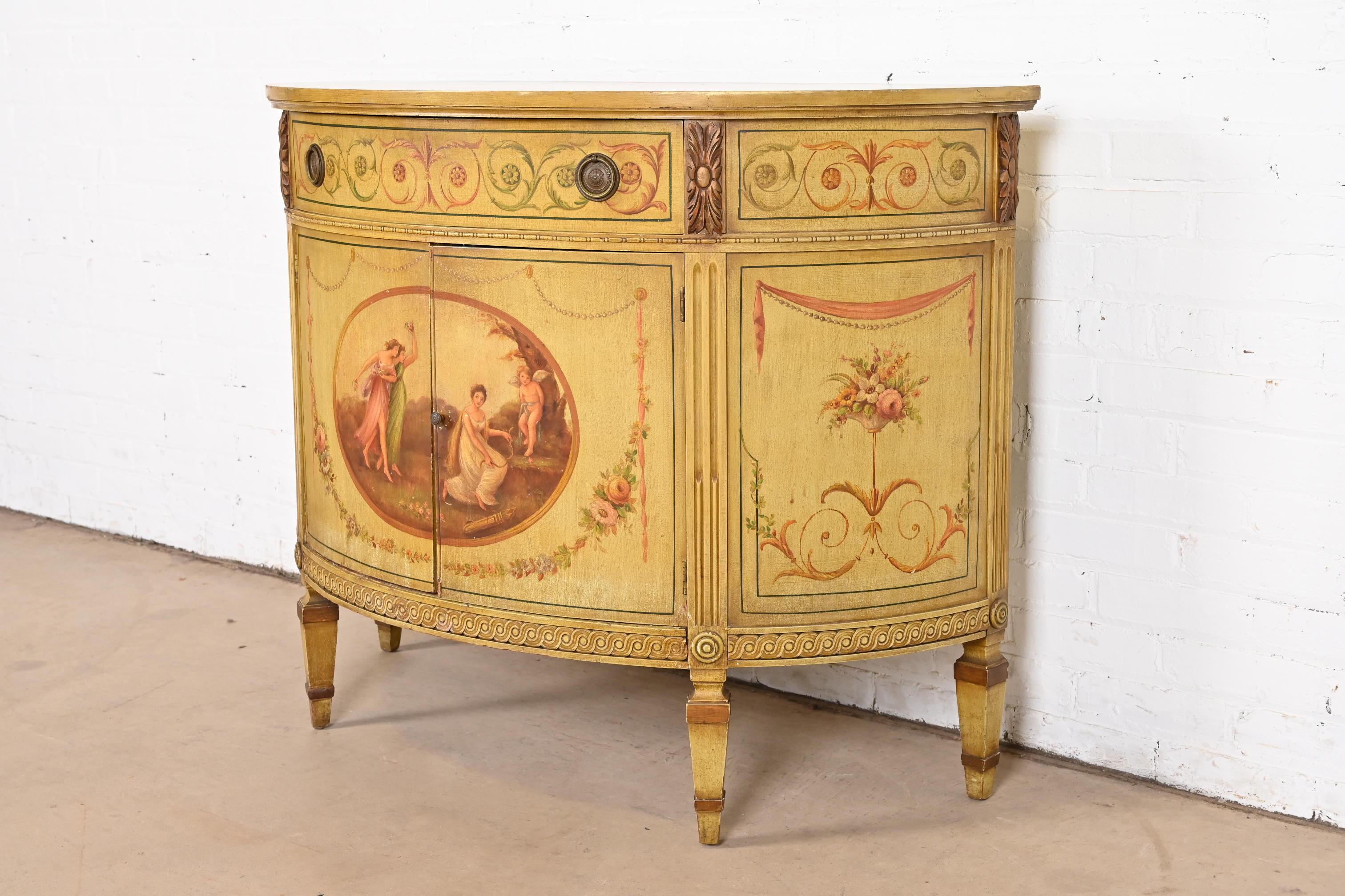 Brass Italian Neoclassical Hand Painted Demilune Console or Bar Cabinet For Sale