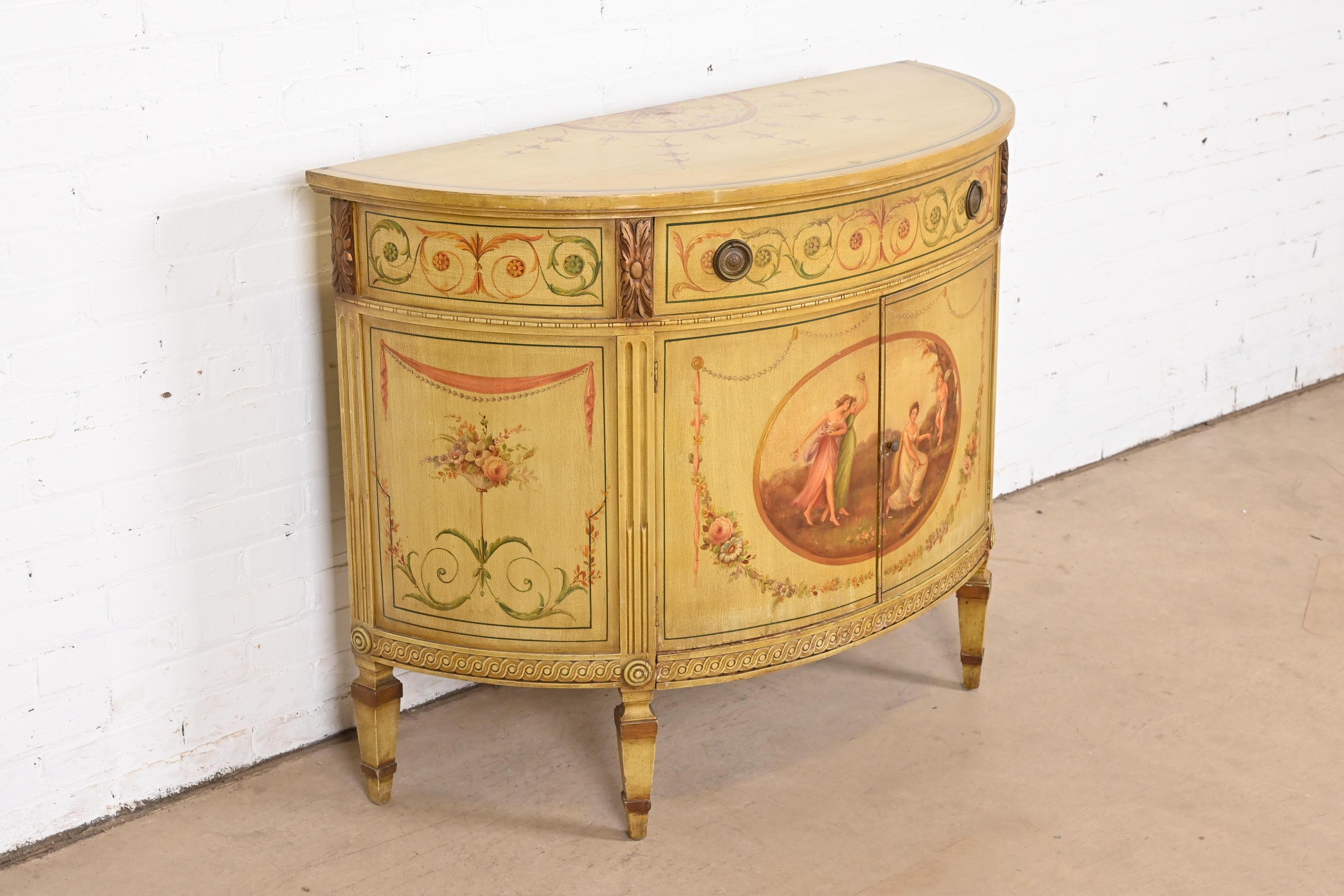 Italian Neoclassical Hand Painted Demilune Console or Bar Cabinet For Sale 1
