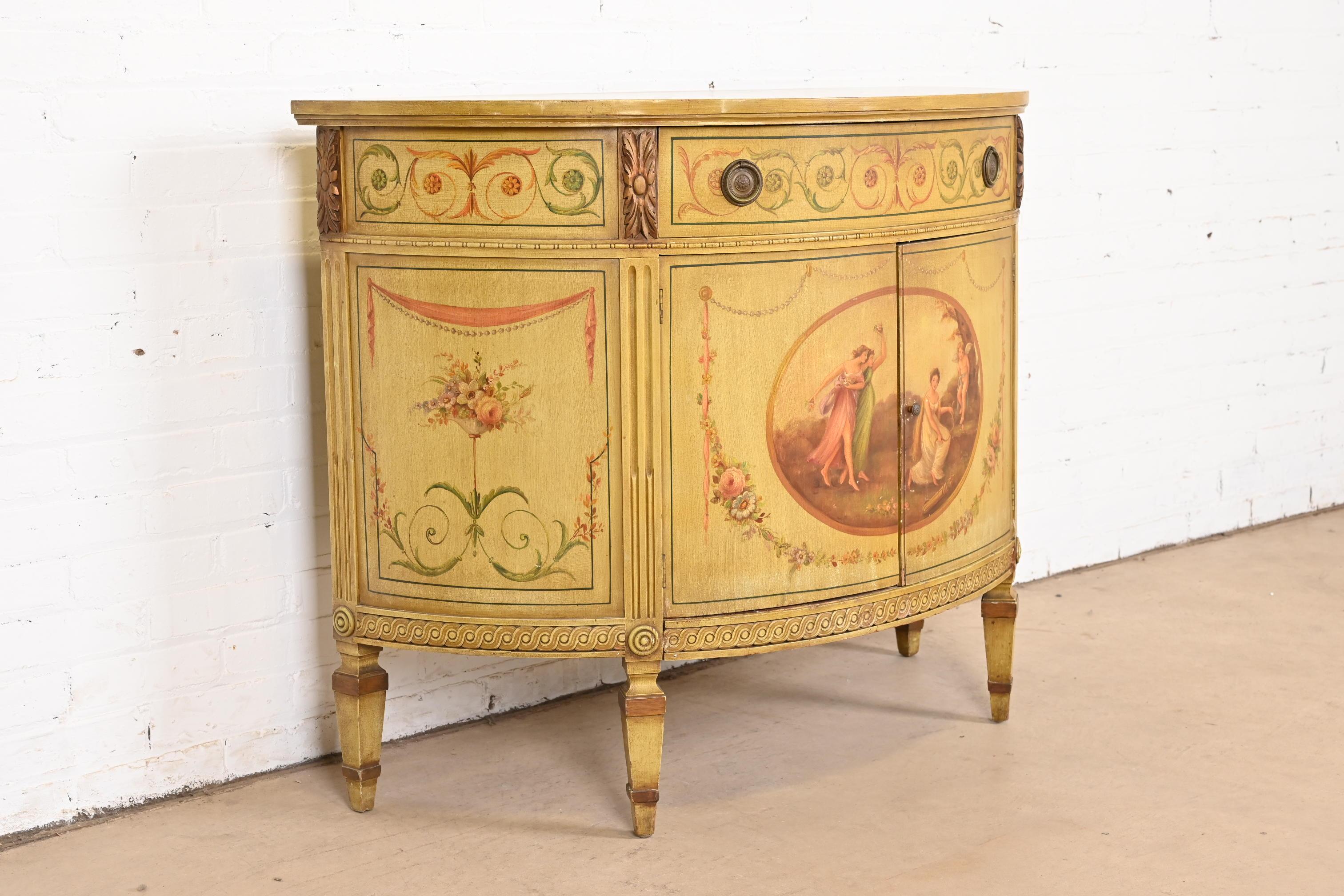 Italian Neoclassical Hand Painted Demilune Console or Bar Cabinet For Sale 2