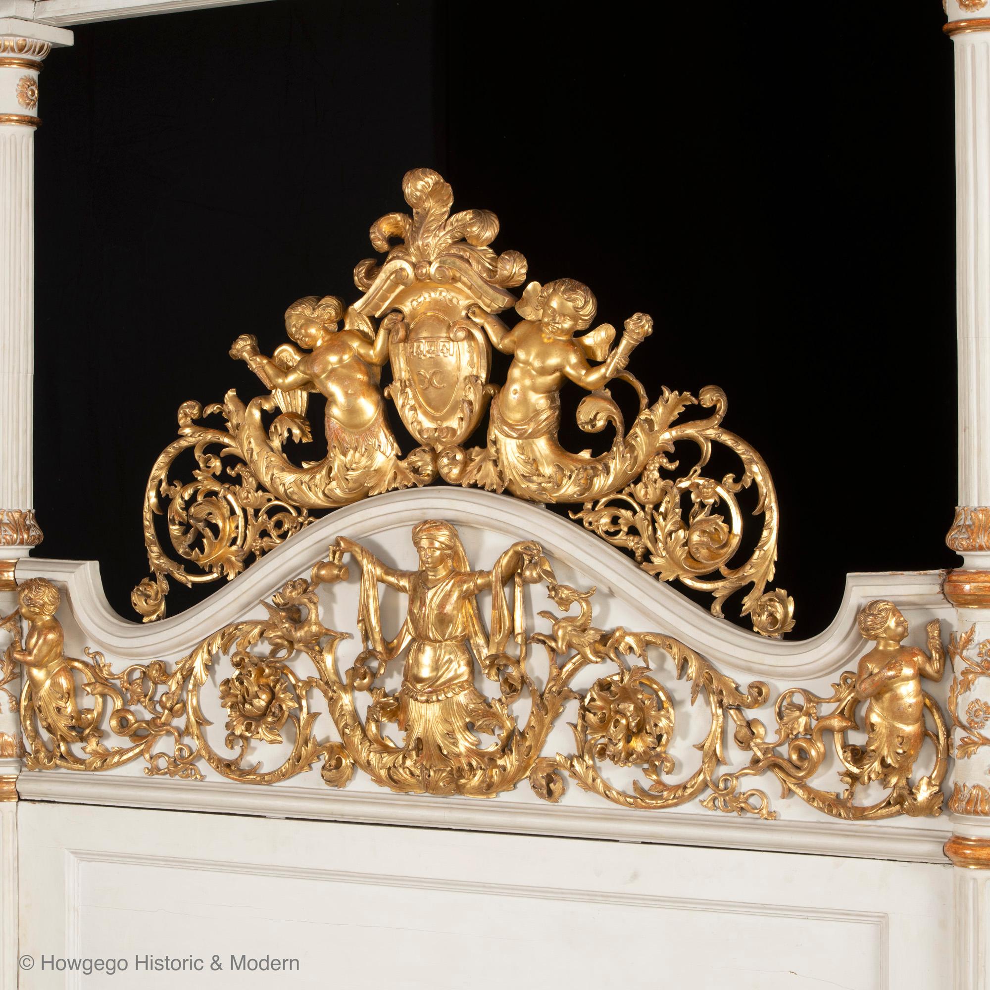 Beech Italian Neoclassical Handcarved Gilded Tester State Bed (6ft/180cm) & Cupboard For Sale