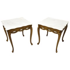 Italian Neoclassical Hollywood Regency Marble-Top Woven Ribbon End Tables, Pair